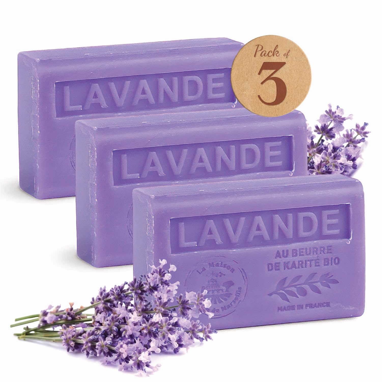 Savon de Marseille - French Soap made with Organic Shea Butter - Lavender Fragrance - Suitable for All Skin Types - 60 Gram Bars - Set of 3