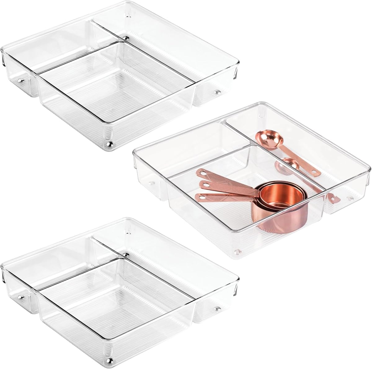 Organizador de cajones de 3 secciones, juego de 3, transparente | Para cocina, para baño, para cajones de escritorio.