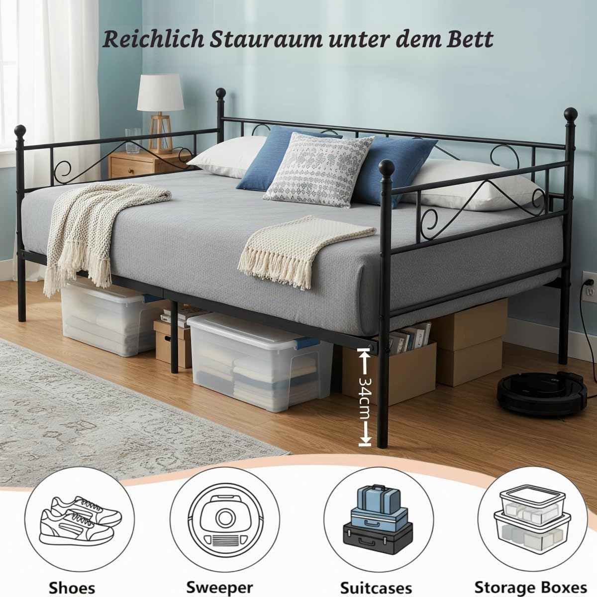 Tagesbett Metallbett Bettgestell 90x190 cm,Einzelbetten,Daybed mit edlen Mustern,Bett mit Stauraum,Gästebett Jugendbett Bettsofa für Schlafzimmer Wohnzimmer passend,Schwarz
