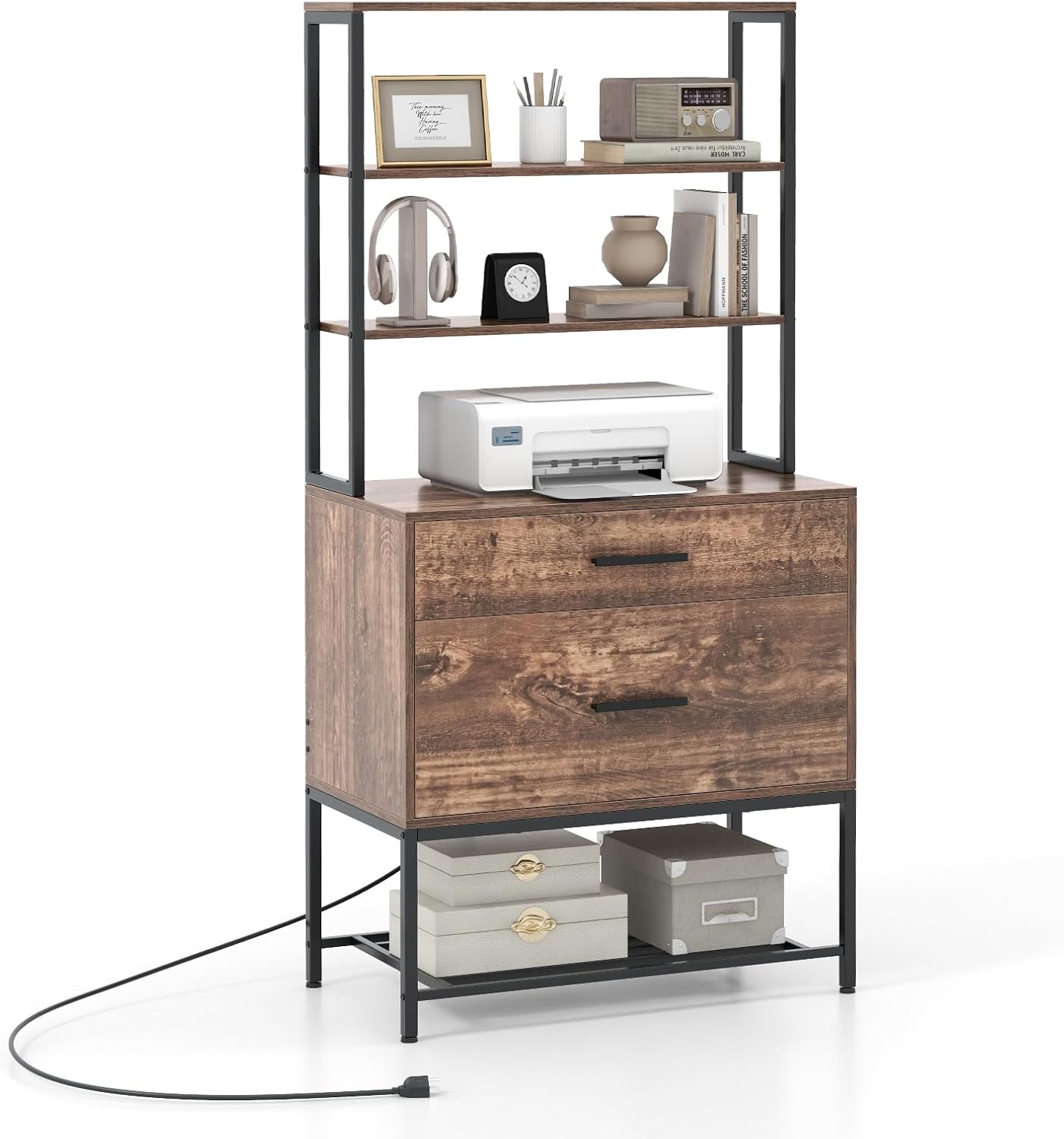 Giantex Tall 2-Drawer File Cabinet - Filing Cabinet w/Charging Station, 3-Tier Storage Shelves, Large Drawer, Hanging File Folders, Fits Letter A4 Legal Size, Printer Stand for Home Office (Brown)