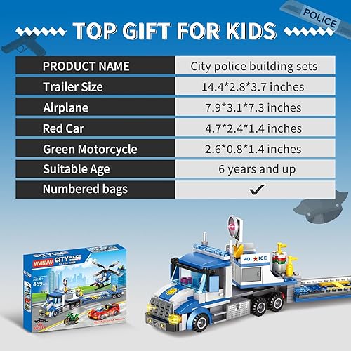 Miniatura 4 de Juego de construcción de camiones y remolques de policía de la ciudad, compatible con auto de policía Lego con camión de remolque, helicóptero,