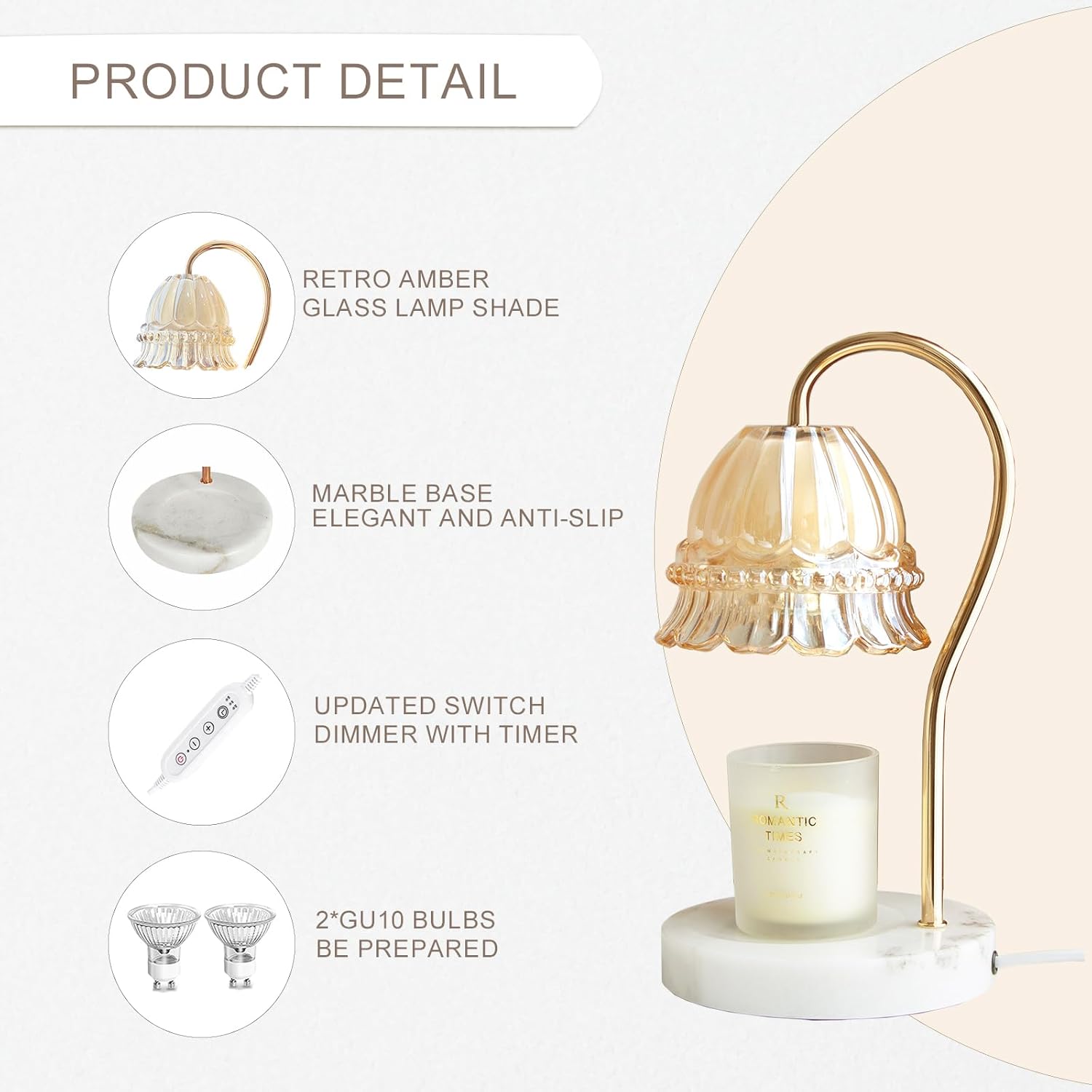 candle warmer lamp with timer & dimmer, electric candle lamp warmer with 2 bulbs for scented candle, home decor gift for her, mother’s day gift (milk tea)