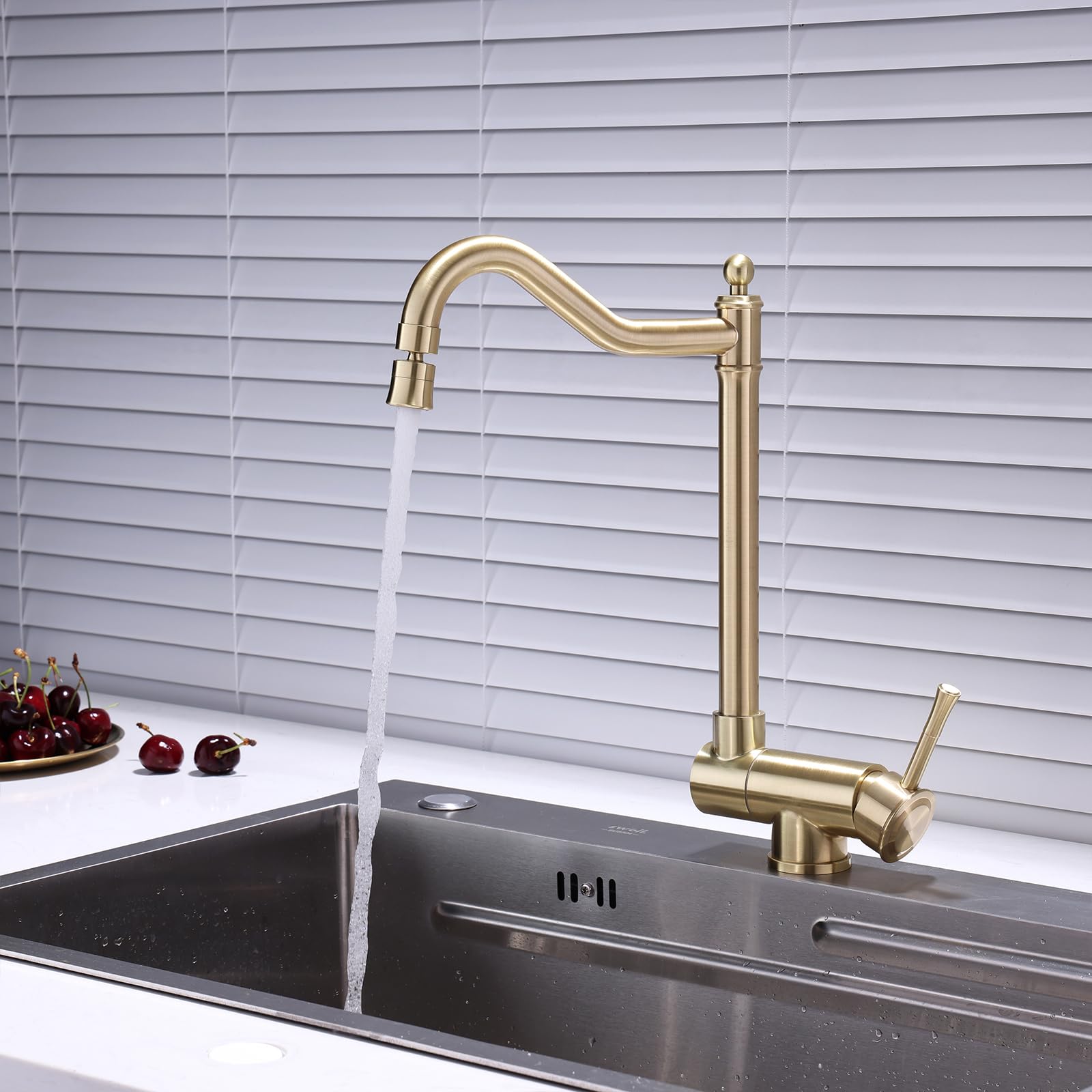 XJTNLB Grifo Cocina Vintage Dorado Cepillado Griferia Cocina Abatible Grifos Cocina Fregadero para Ventana de Acero Inoxidable 304