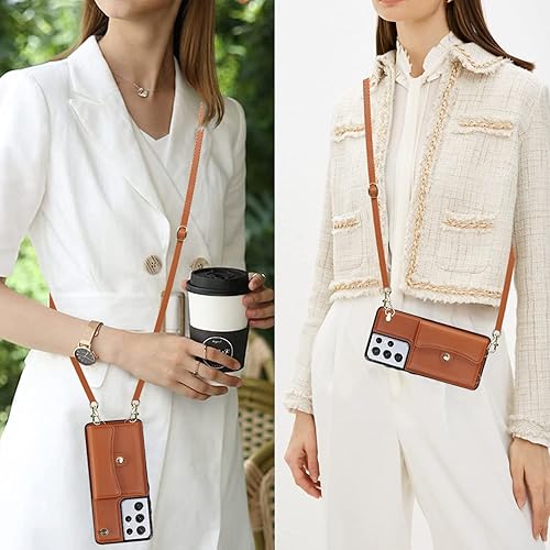 Miniatura 6 de Funda para Samsung Galaxy S21 Ultra de 6.8 pulgadas, bandolera con correa de hombro, funda protectora de moda para Galaxy S21 Ultra (marrón)