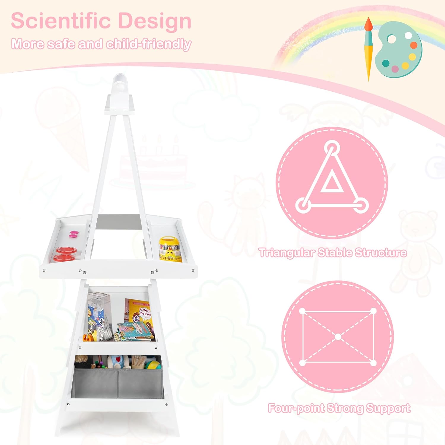 TODEFULL Art Easel for Kids, 3 in 1 Wooden Toddler Easel w/Magnetic Whiteboard, Chalkboard & Paper Roll, Standing Painting Easel with Shelves & 2 Storage Bins, for Boys Girls, White