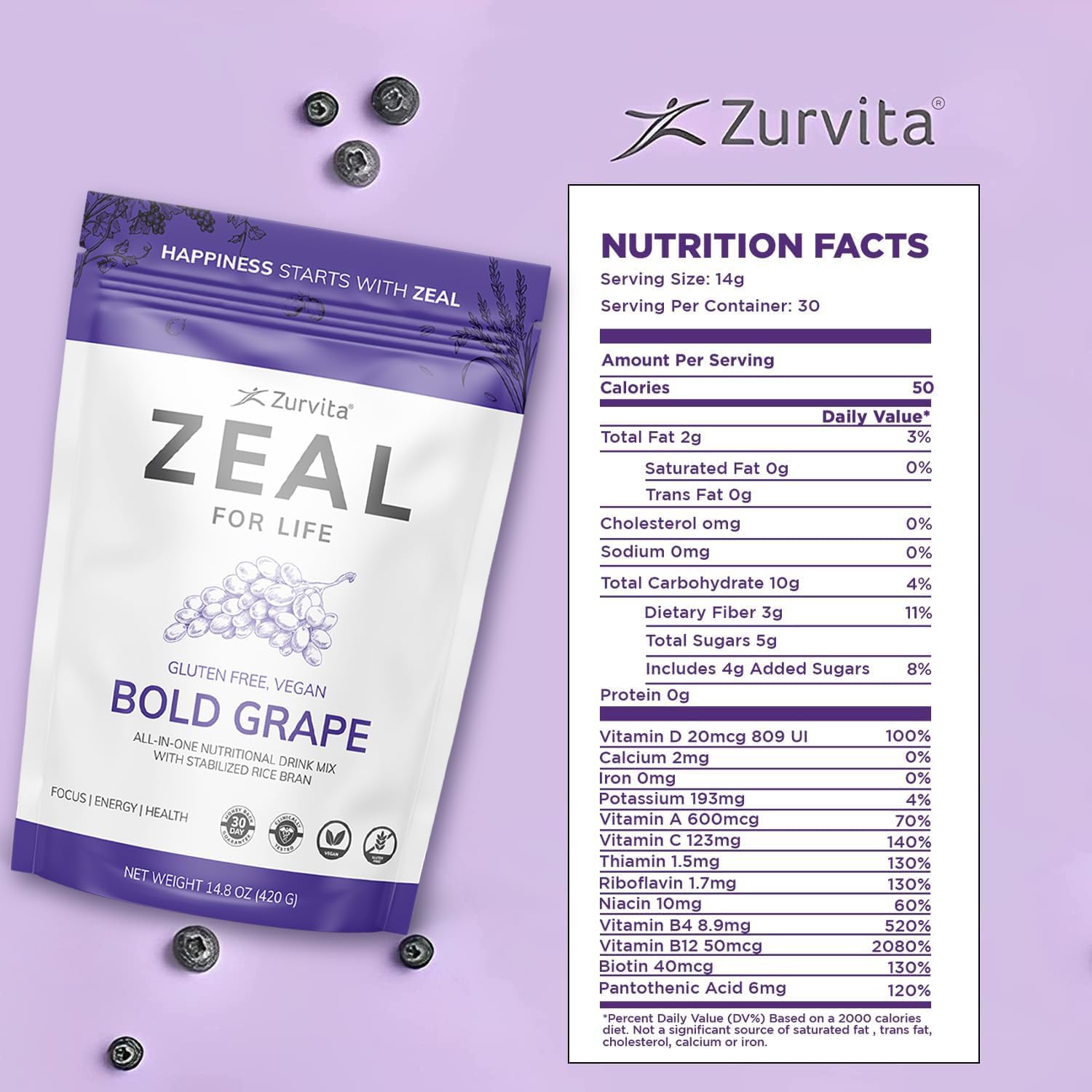 Zurvita - Zeal for Life - Bold Grape Flavor - Daily Nutritional Supplement for Vitality, Immunity, & Overall Wellness - 30-Day Wellness Bag, 420 Grams