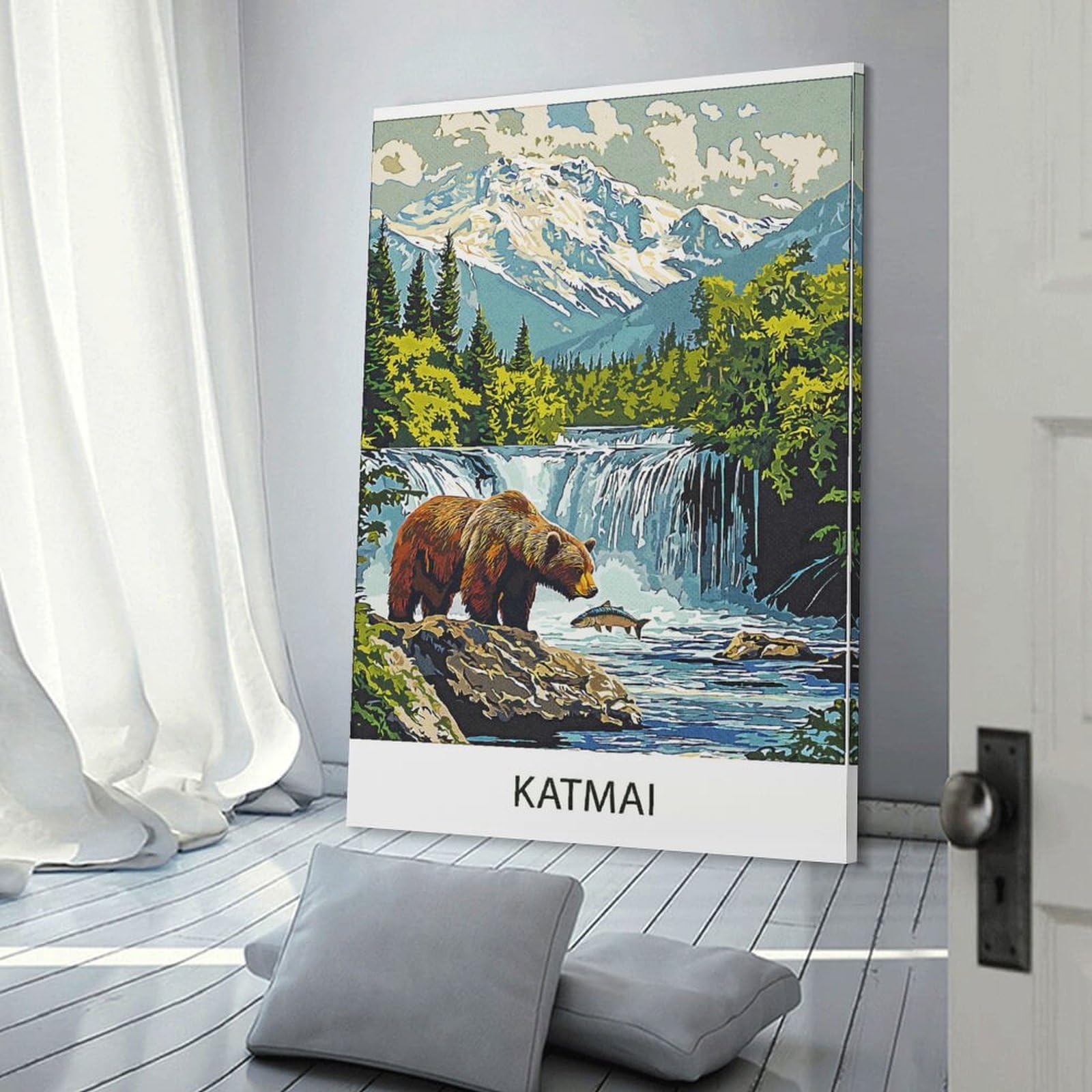 Junmoney Katmai Bear & Waterfall Wall Art Print, 20x30inch(50x75cm), for Study, Office Or Focused Interiors, Home Office Artwork with Decorative Appeal