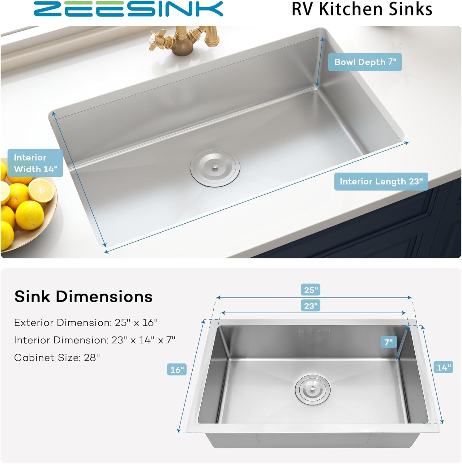 Bar Sink,Stainless Steel Kitchen Sinks,RV Kitchen Sink (Stainless Steel, 25 X 16 inch)