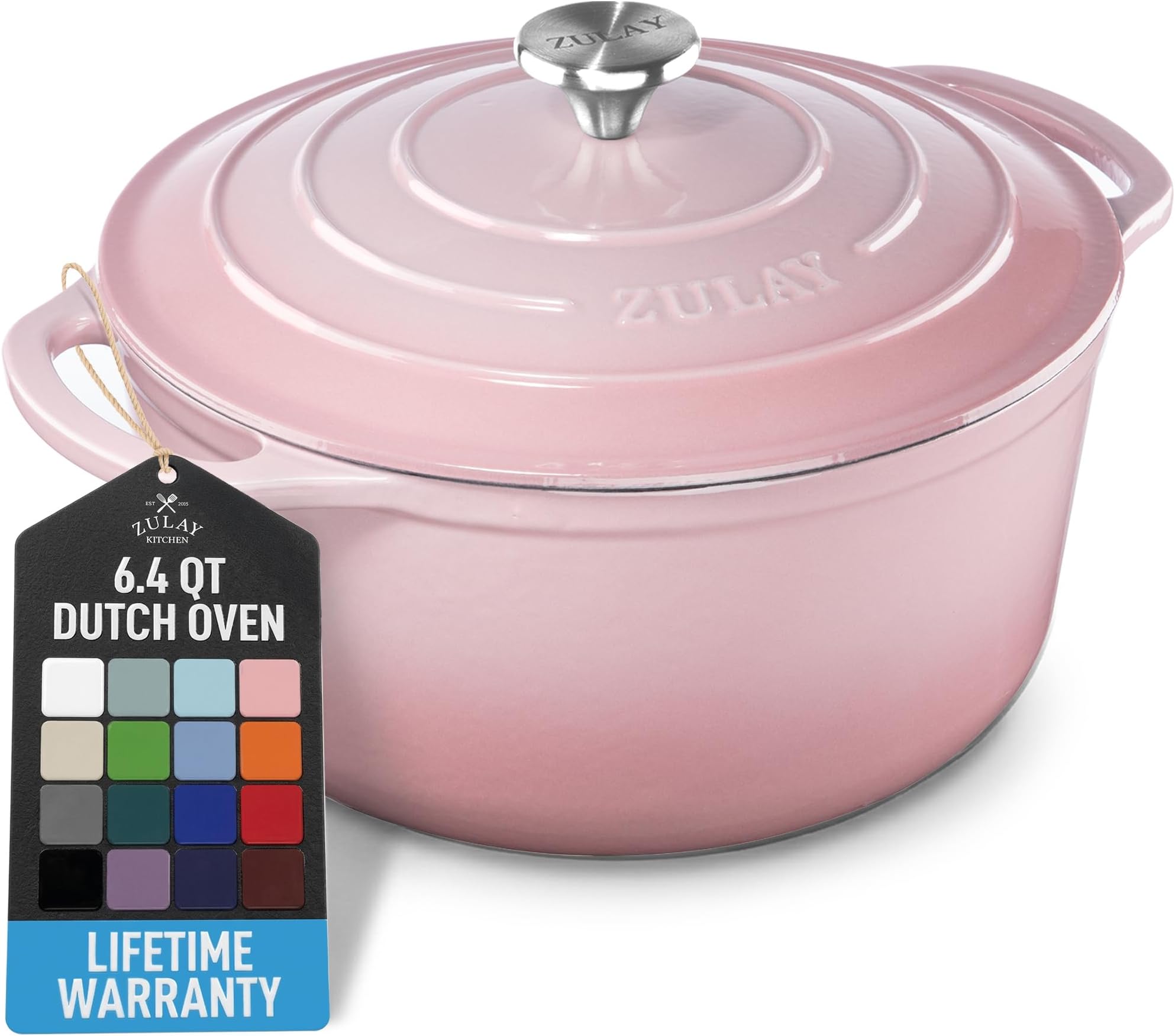Zulay Kitchen 6.4QT Enameled Cast Iron Dutch Oven Pot with Lid, Heavy-Duty Soup Pot for Stews, Braising, Roasting & Sourdough Bread Baking, Oven Safe up to 500°F - Pink