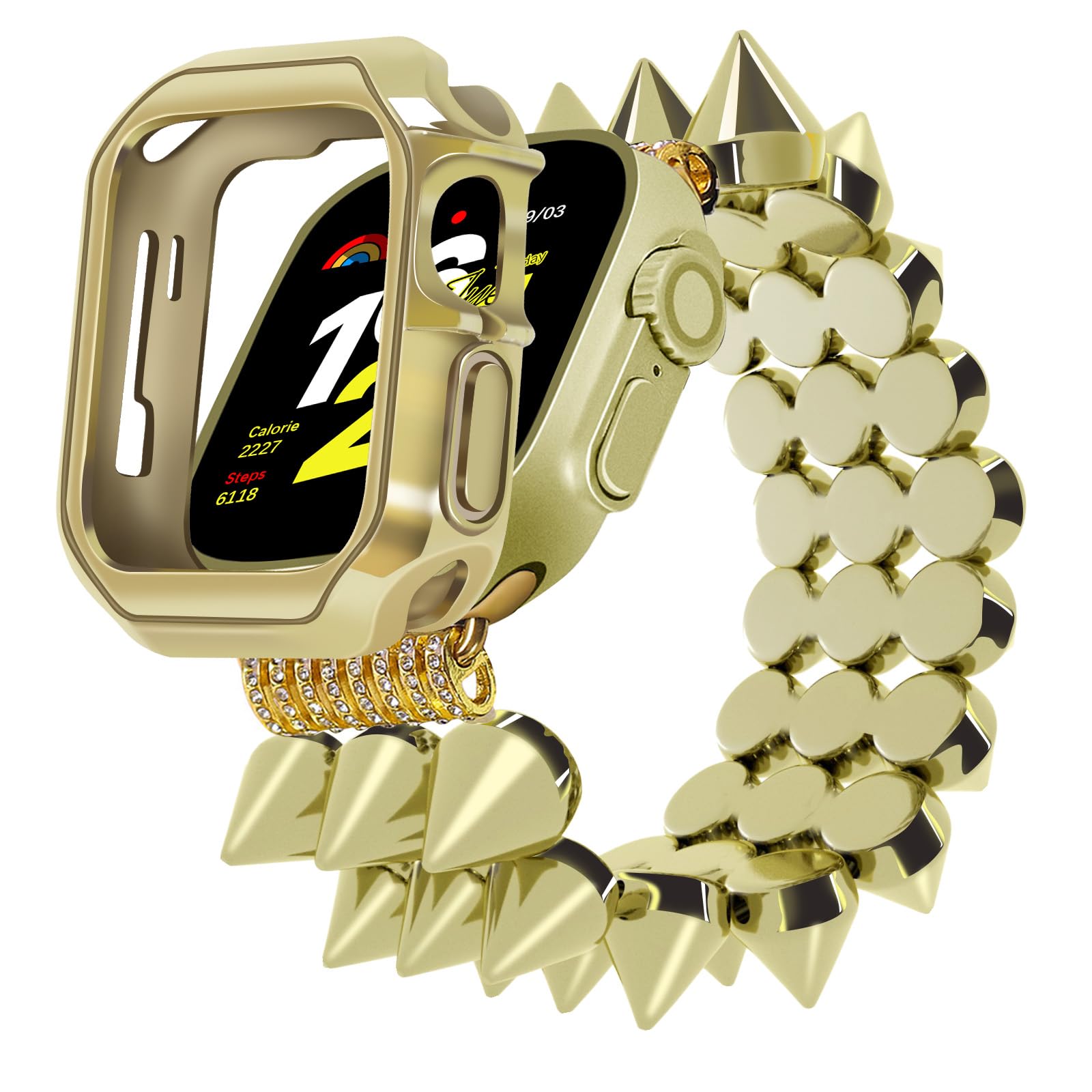 Compatible with Apple Watch Ultra 2 Band 41/40/38/44/45/49/42mm Women Men with Protective Case, Dressy Gothic Punk Metal Stretchy Strap Rivets Designer Elastic Biker Bracelet Wristband for iWatch Series 9 8 7 6 5 4 3 Ultra SE