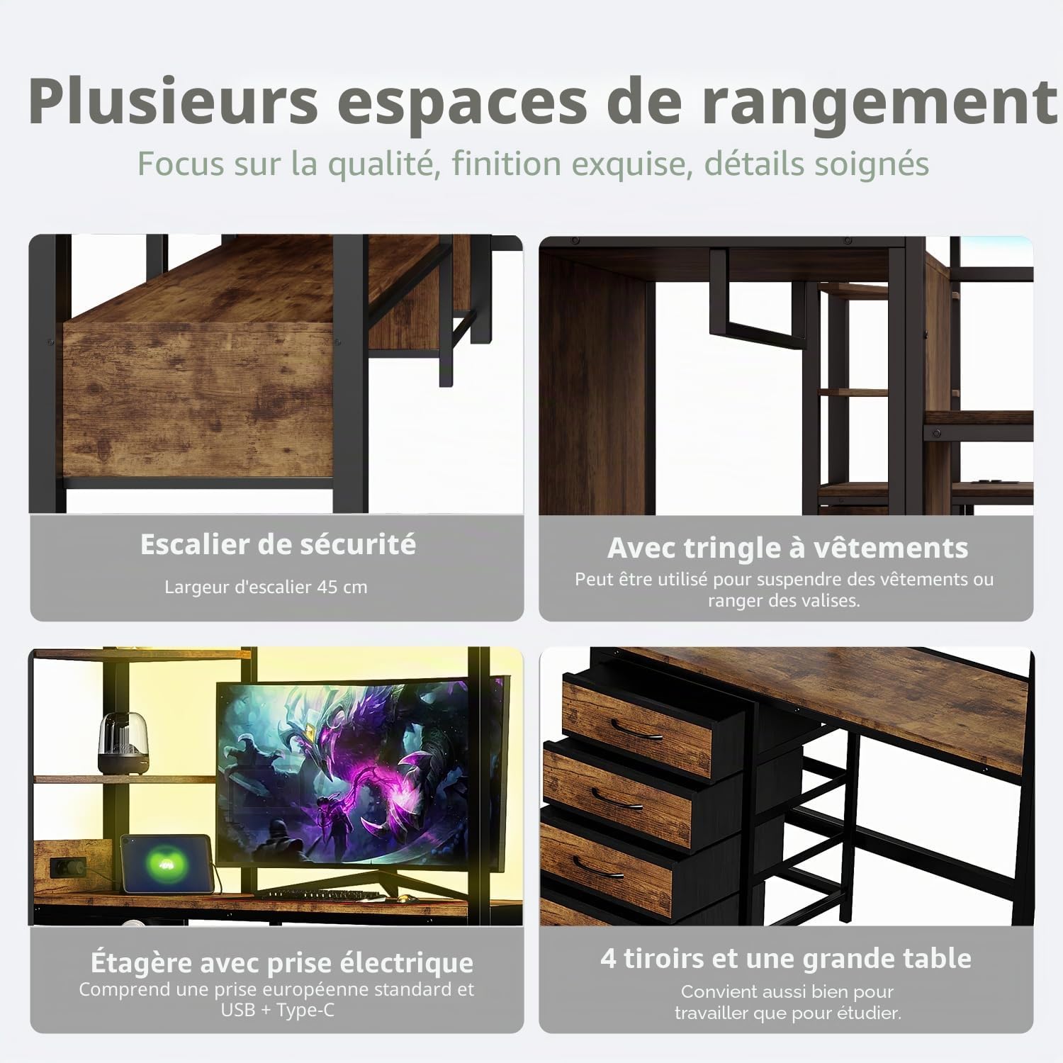 Lit Mezzanine Enfant 140x200cm avec éclairage LED et Prise électrique,métal lit superposé 2 Place avec Bureau, étagères, Tringle à vêtements,lit avec Rangement,Cadre de lit,sans Matelas,Noir