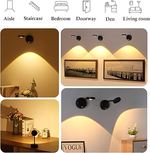 Miniatura 2 de Yuewilai Juego de dos apliques de pared a pilas, luces LED para pared con detección de movimiento, luces de pared inalámbricas recargables y