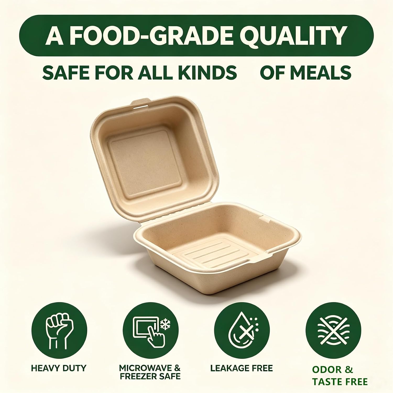 150 Pack Clamshell Take Out Food Containers, 6 x 6 Inches Disposable To-Go Containers with Hinged Lid, Bagasse Bento Cake Box for Hamburger Sandwiches Chips, Microwave & Freezer Safe