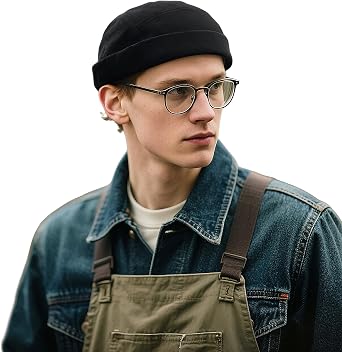 Clakllie Hip Hop Brimless Caps for Men No Bill Docker Hats Fisherman Leon Hat Retro Sailor Rolled Cuff Harbour Hats,DBH03-Black