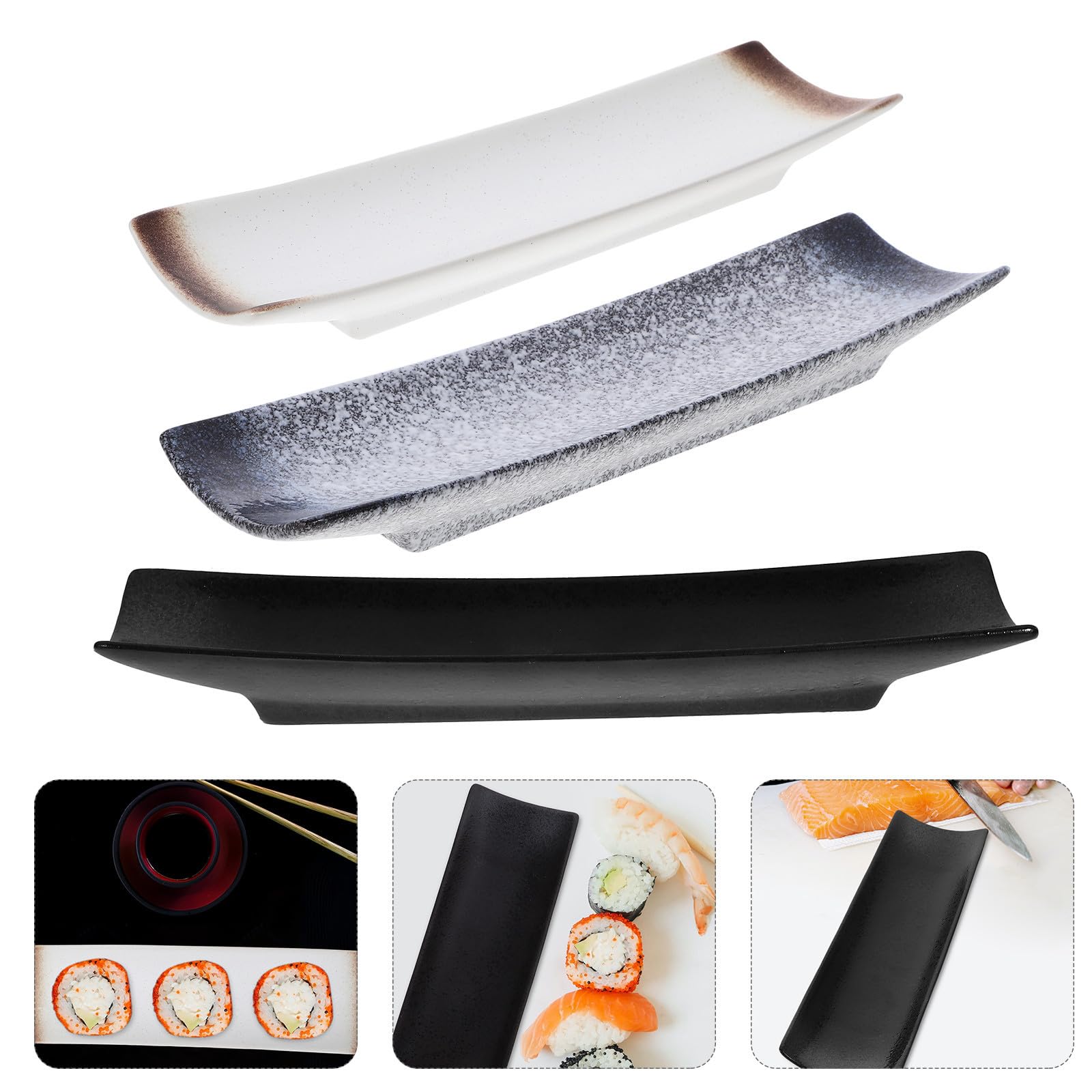 CRAFTHROU Plateau à Sushis Design Attrayant Rectangulaire en Céramique 3 Pièces Japonerie pour Service et Rangement Plusieurs Styles Lors de Dîners en ou Hôtels Plusieurs Styles