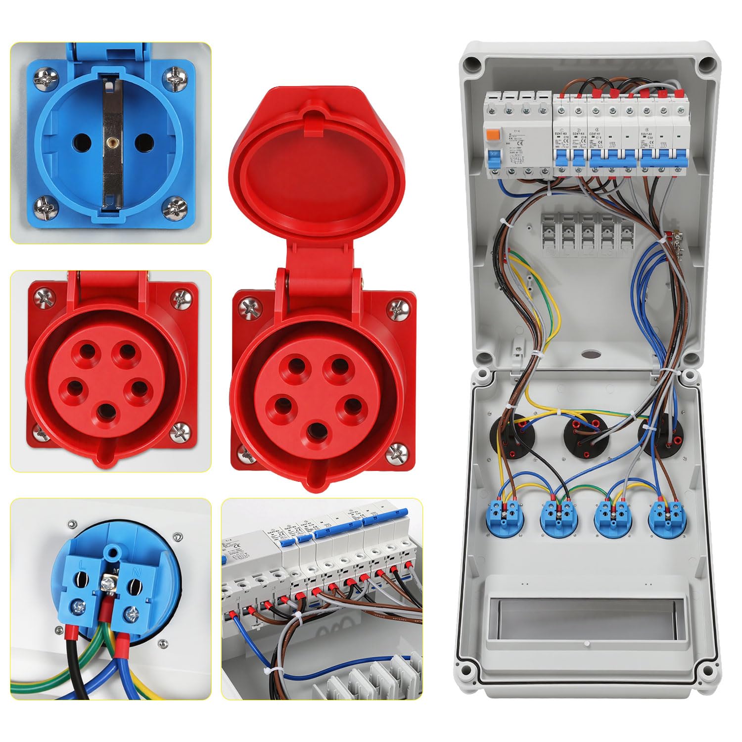 Daromigo Rozdzielacz ścienny 4 x 230 V, 2 x 16 A, 1 x 32 A, 400 V CEE, rozdzielacz prądu budowlanego, rozdzielacz ścienny z przełącznikiem FI LS, gniazdo CEE 16/32 A, rozdzielacz zasilania do wewnątrz