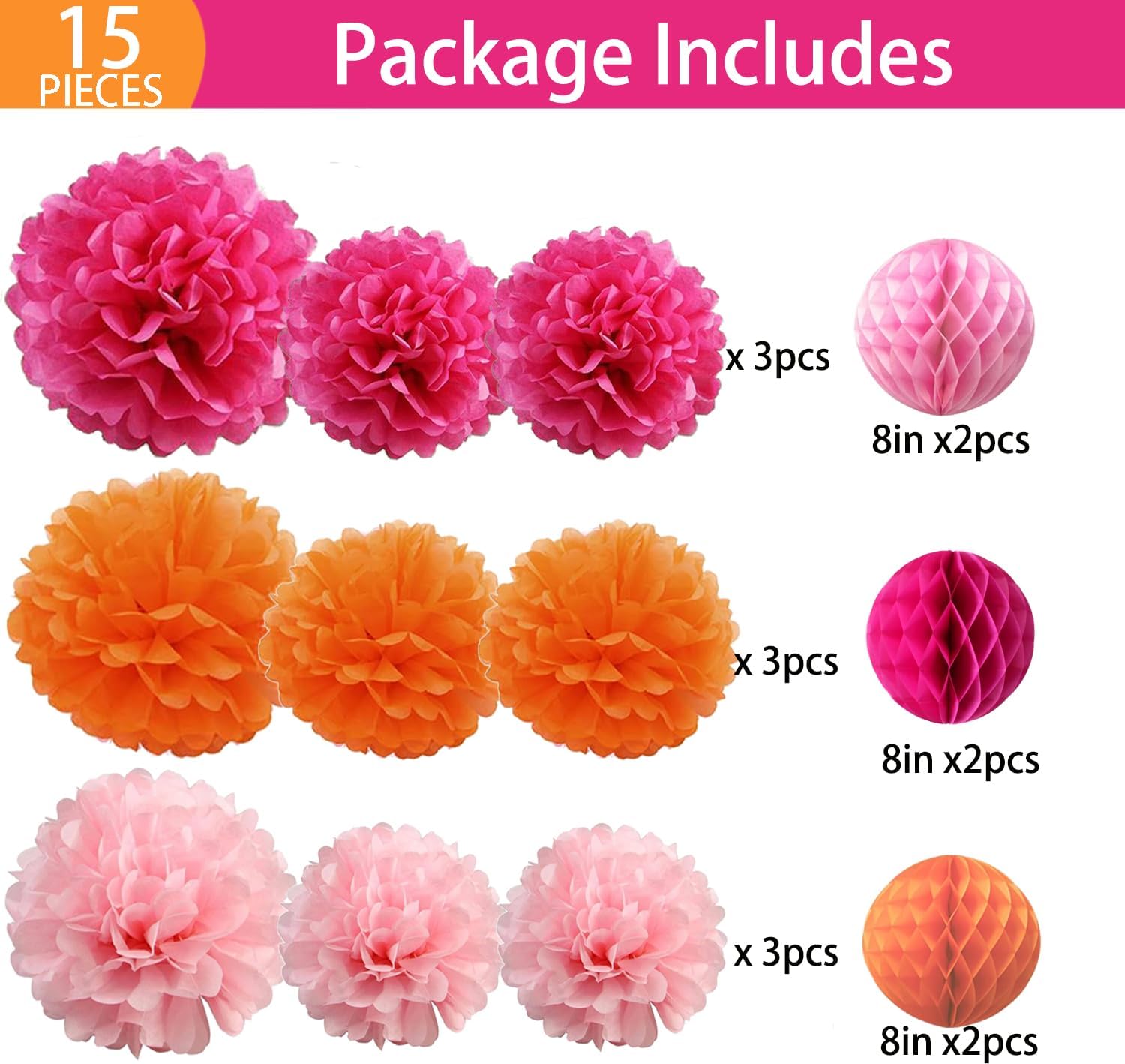 15PCS Hot Pink Orange Party Decorations Tissue Paper Flowers Pom Poms Honeycomb for Girl Groovy Birthday Baby Shower Wedding Bachelorette Summer Flamingo Party Nursery Wall Hanging Décor (Pack of 2)