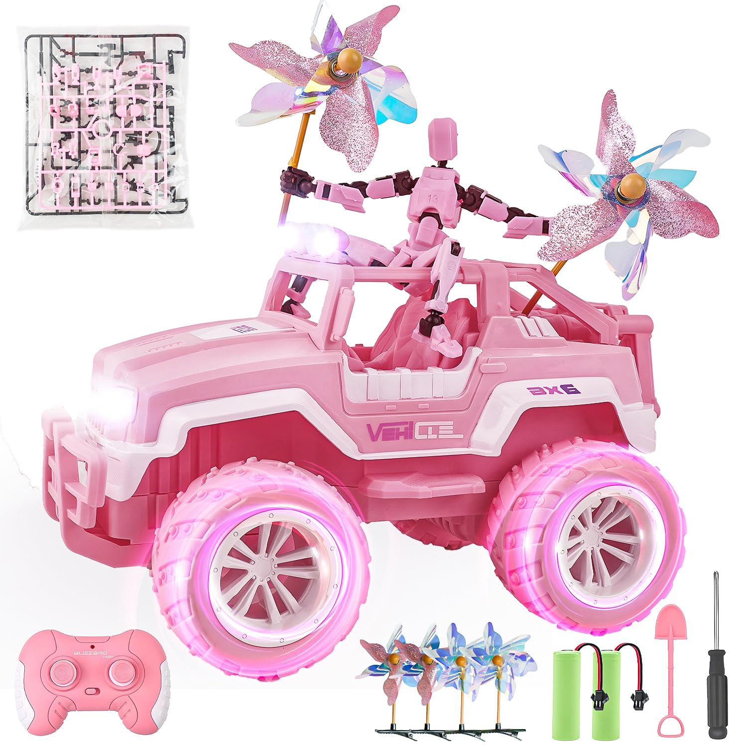 BEZGAR Remote Control Car - 1:16 Scale Pink Remote Control Cars for Girls with Action Figure & 4 Windmills, 80 Min Playtime 2.4GHz LED Lights Off-Road RC Trucks Toys Gifts for Kids Age 3-8