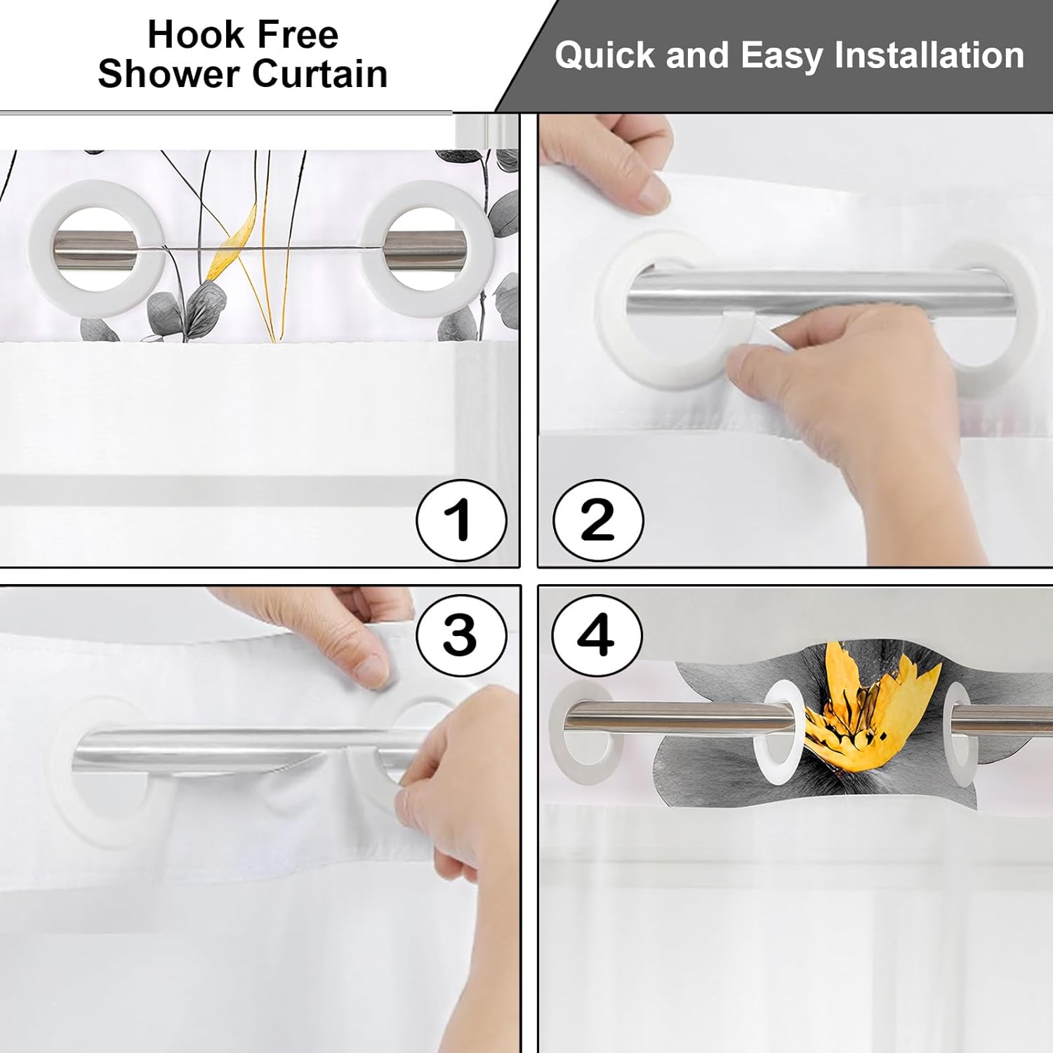 No Hook Floral Shower Curtains with Snap-in Liner Set for Bathroom, Hotel Style Double Layers with See Through Mesh Top Window, Yellow Grey Flower Fabric Bath Curtain Home Décor, 71x74 Inch