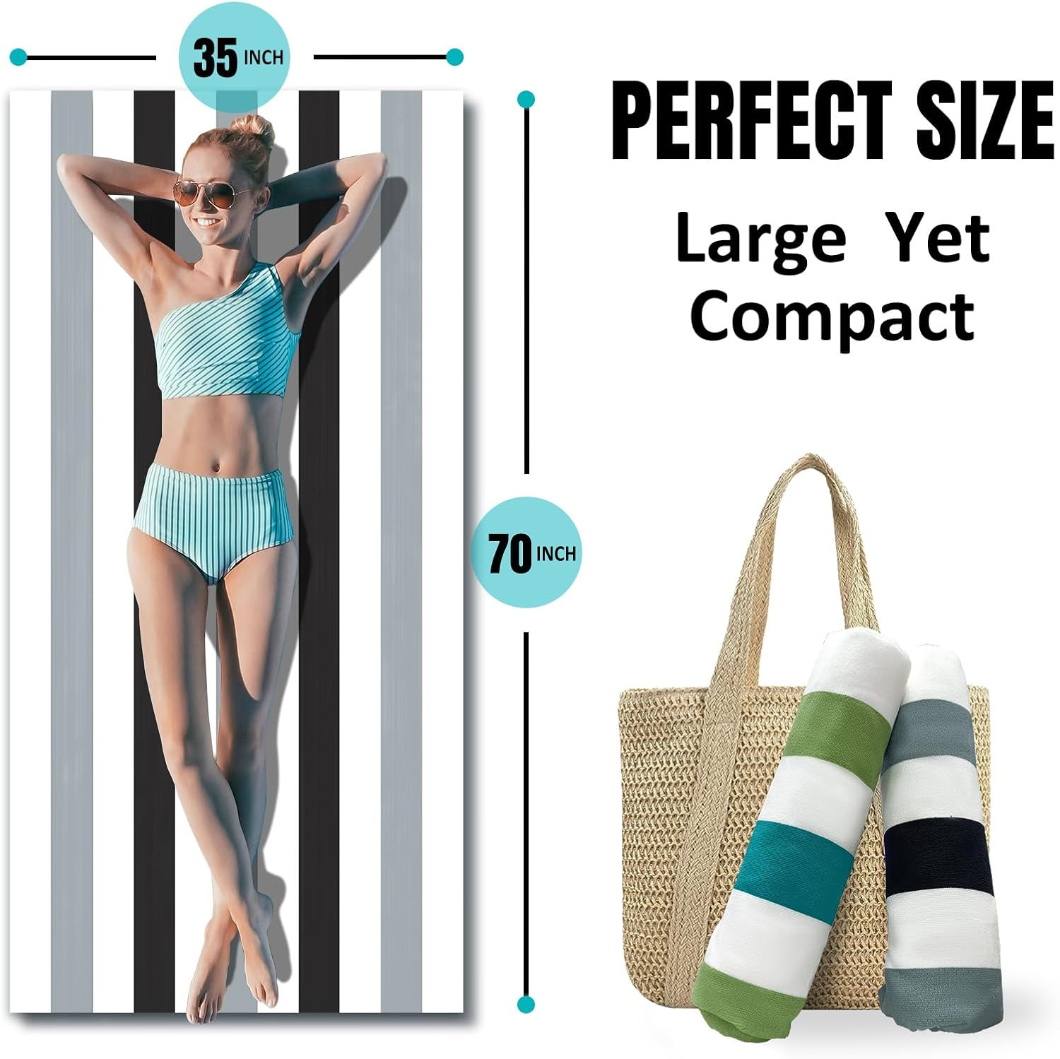 cabanana Large Oversized Beach Towel - Microfiber Sand Free 35 x 70 Inch Quick Dry Lightweight Pool Towel for Adults, Thin Striped Swim Towel (Black) - Image 4