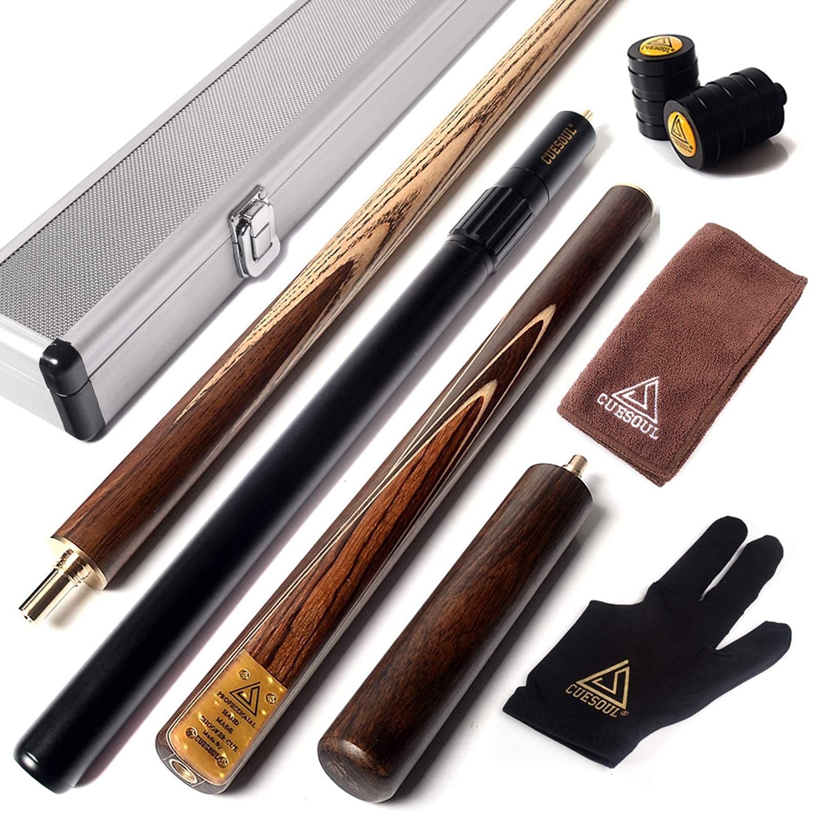 CUESOUL 57" Handcraft 3/4 Jointed Snooker Queues with Mini Butt End Extension Packed in Aluminium Köcher