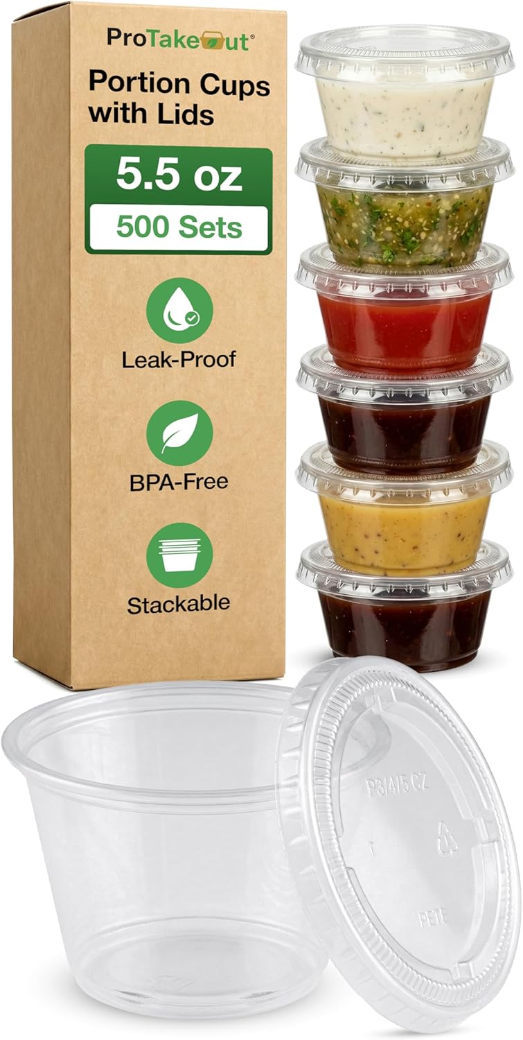 5.5 oz Plastic Portion Cups with Lids, 500 Count, Dessert Cups with Lids, Jello Shot Cups with Lids, Small Plastic Cups for Salad Dressing & Condiments, BPA Free, Recyclable, Stackable