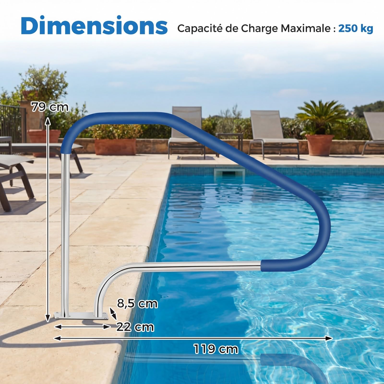COSTWAY Rampe Piscine 119x79 cm, Charge 250 kg, Main Courante Piscine en Acier Inoxydable 304, Plaque de Base, Barre d'Appui de Sécurité, Housse Antidérapante, Accessoires, pour Spa Parc Aquatique (1)