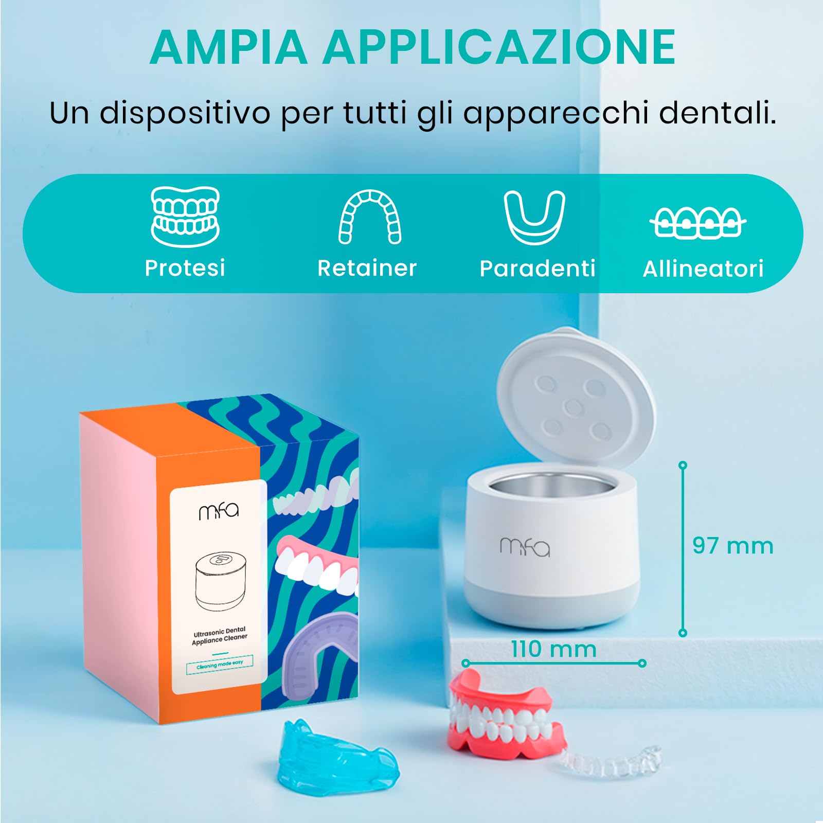mfa® | Pulitore a ultrasuoni per protesi dentarie, apparecchi ortodontici, bite, retainer, aligner, dentiere, dispositivi occlusali, gioielli | Ultrasonic Dental Cleaner