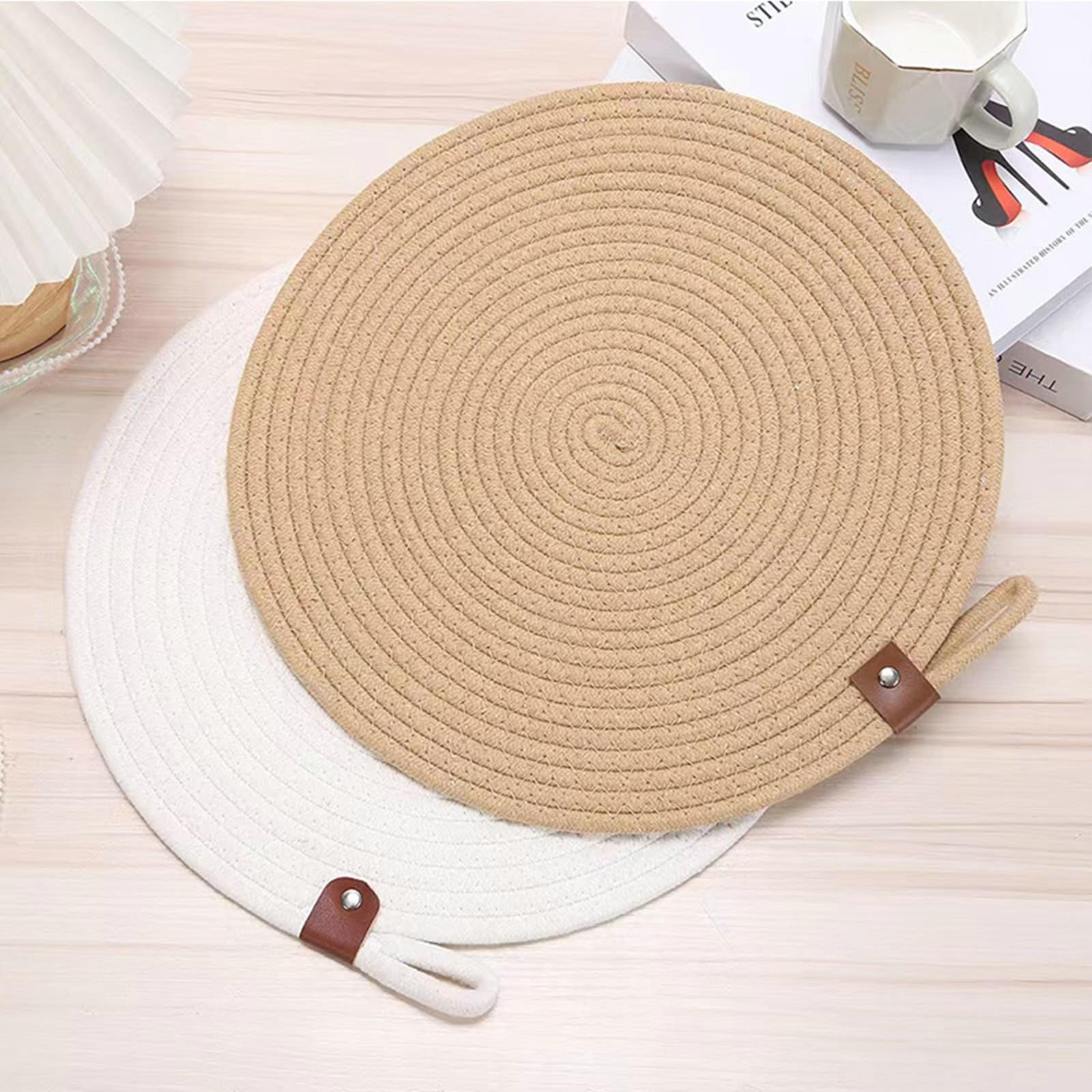 Lot de 6 sets de table à manger, 33 cm, en coton, avec cordon de cou, ronds, lavables, avec motif, pour la maison, le restaurant, la table à manger, kaki