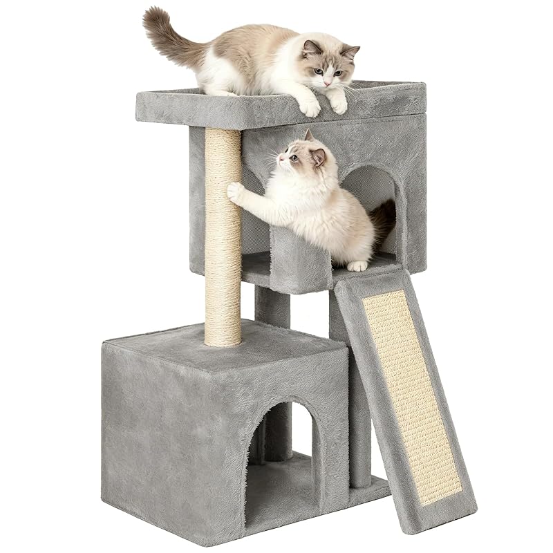 Árvore de atividades para gatos com sisal, 2 tocas e plataforma macia Komicoll TJ07 Cinza