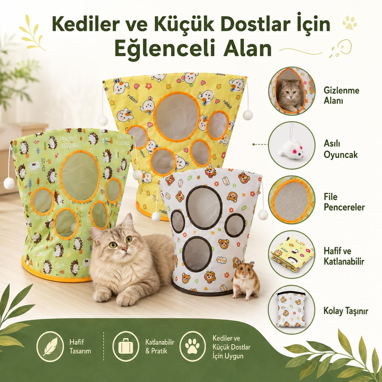 SOGUD Hışırtılı Kedi Oyun Tüneli Tavşan - Katlanabilir Pati Pencereli Aktivite Çadırı - Fare Oyuncaklı Sesli Tasarım - Yavru ve Yetişkin Kediler İçin Ev İçi Saklanma ve Eğlence Alanı