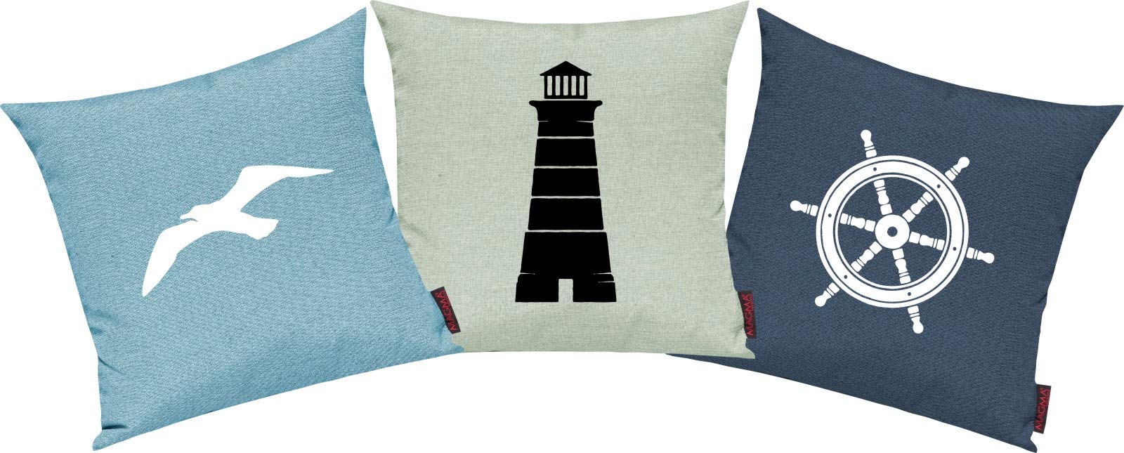 Shirtinstyle Kissenhüllen Set 3 Stück, Sofakissen. Kissenbezug, Motiv Maritim Set Möwe, Leuchturm Und Steuerrad, Größe 40 x 40cm, Farbe Blau