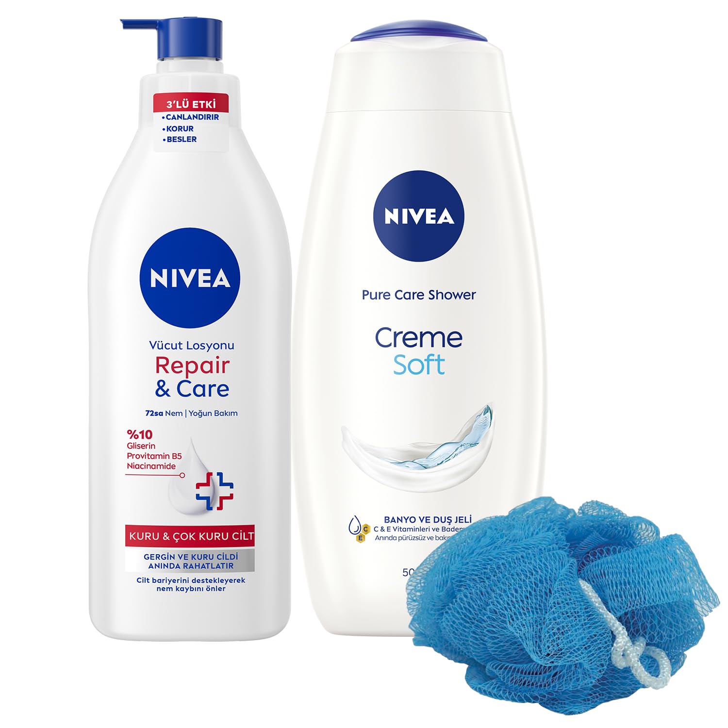 Creme Soft Duş Jeli 500ml ve Repair Care Vücut Losyonu 400ml, Lif Hediyeli, Kaşıntılı ve Hassas Cilt