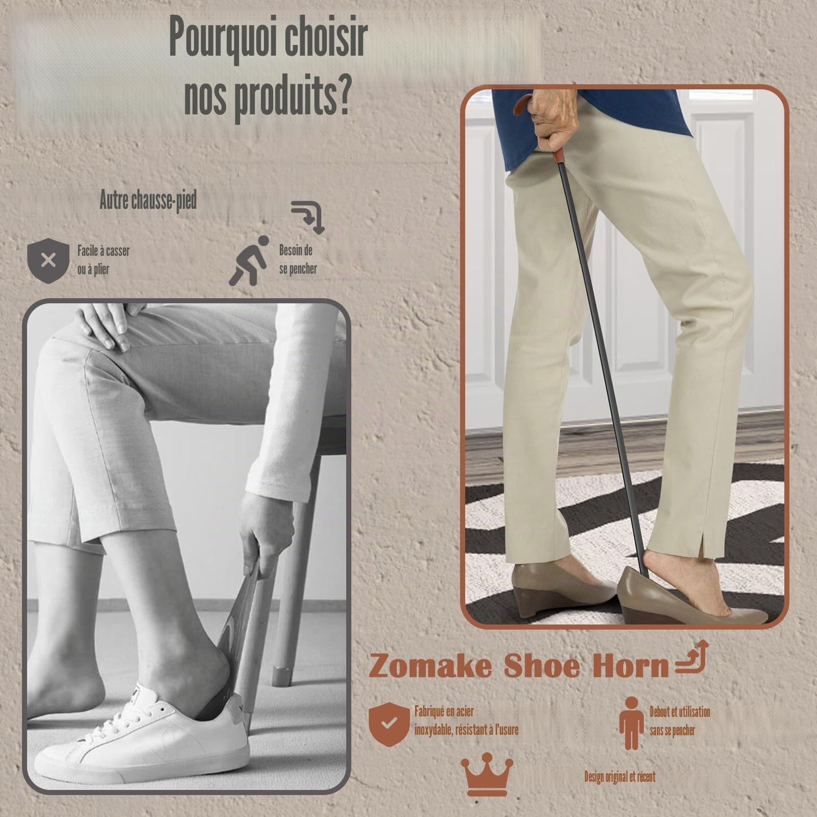 ZOMAKE Extra Long Chausse Pied,Metal Chaussé Pied Manche Longue 72cm/80cm Chausse-pieds Inox Grand Chausse Pieds avec Crochet,Chausse-pied Acier Inoxydable pour Hommes Femmes