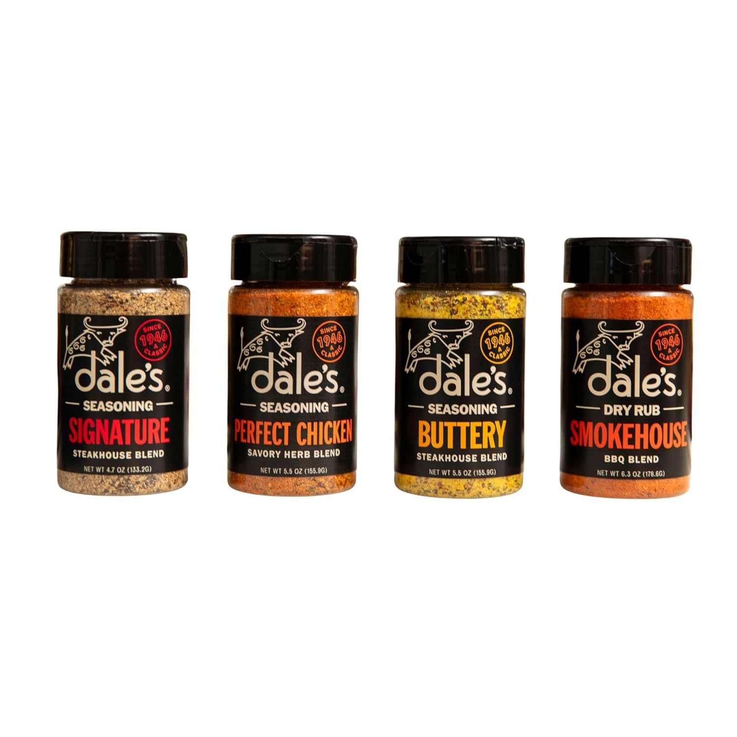 Dale’s 4-Pack Seasoning Gift Set - Buttery Steakhouse (5.5 Oz), Signature Steakhouse (4.7 oz), Perfect Chicken Herb Blend (5.75 oz) & Smokehouse BBQ Rub 6.3 oz - Multi-Use Seasonings for Grilling, Roasting & Everyday Cooking