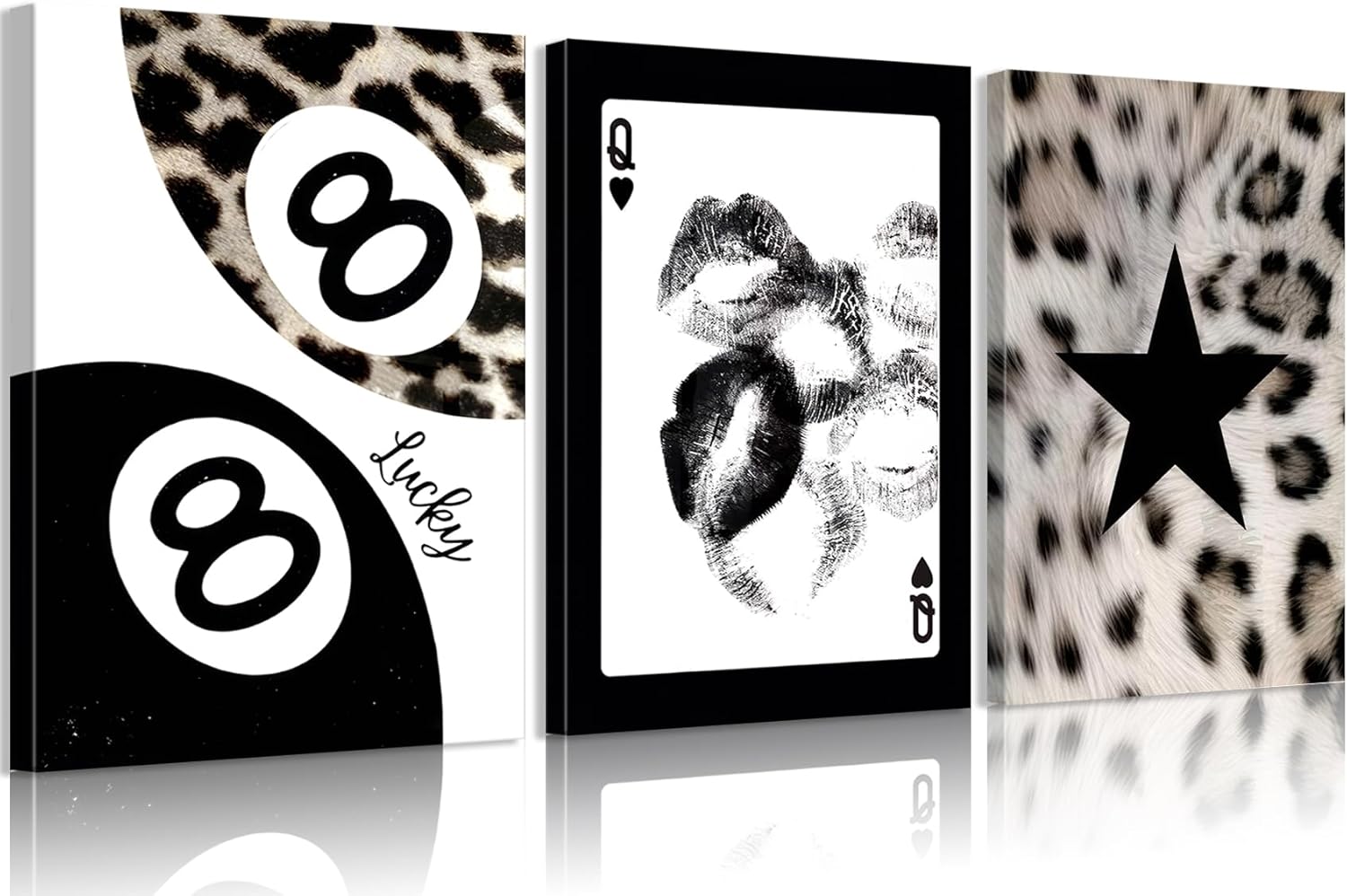 KBIERQN 3Pcs Black White Leopard Prints Canvas Wall Art Lucky 8 Ball Poster Print Trendy Kiss Lips Painting Poster Fashion Pentagram Pictures for Living Room Bedroom Dorm Wall Decor 12x16in Framed