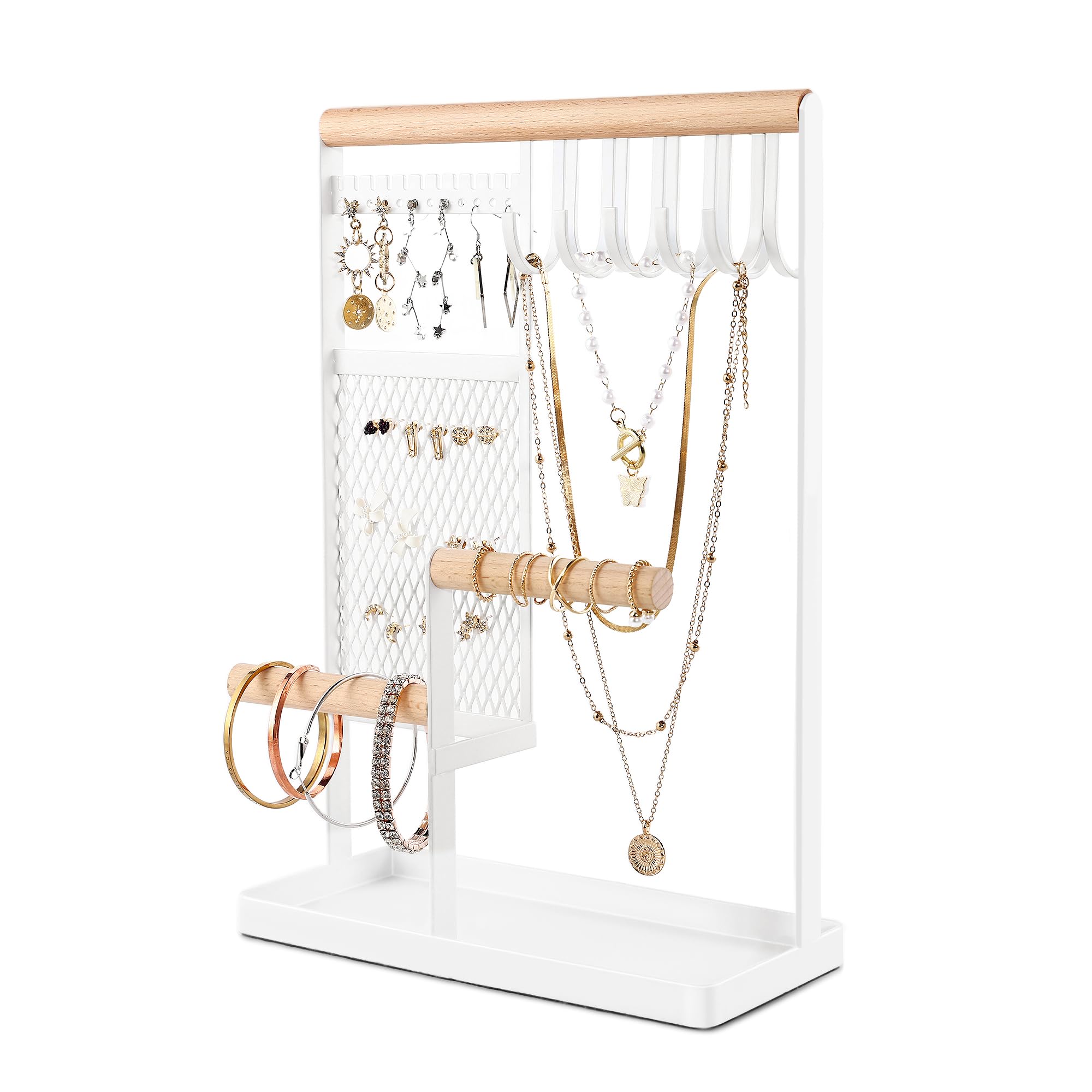 Weculop Jewelry Organizer Stand, Jewelry holder, Jewelry Tree with Tray, 10 Hooks Necklace Holder, 12 Holes Earring Holder, A Net for Earring storage, Wooden Bracelet Holder, White