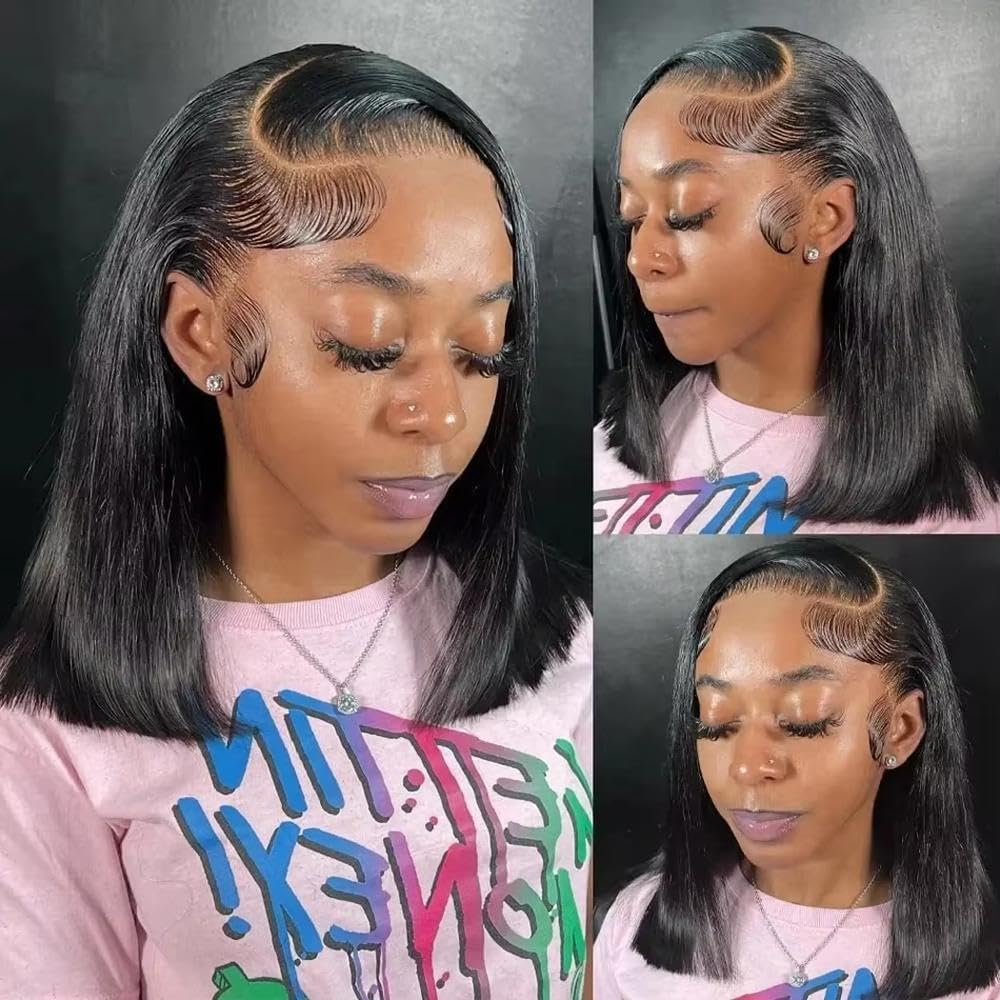 Haarpflege Kurze Gerade Bob Perücke Transparent Mit Spitze Vorne 200% Dichte 100% Echthaar Vorgezupft Für Schwarze Frauen(4x4,180%_8INCHES)