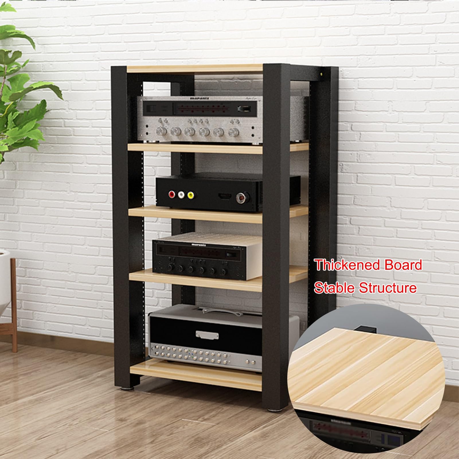 Nowoczesna szafka stereo z regulowanymi półkami do odtwarzacza płyt muzycznych, komponentów audio i płyt CD, elegancki czarny stojak na nośniki AV z uchwytem wieżowym 60 x 40 cm, regulowany stojak do