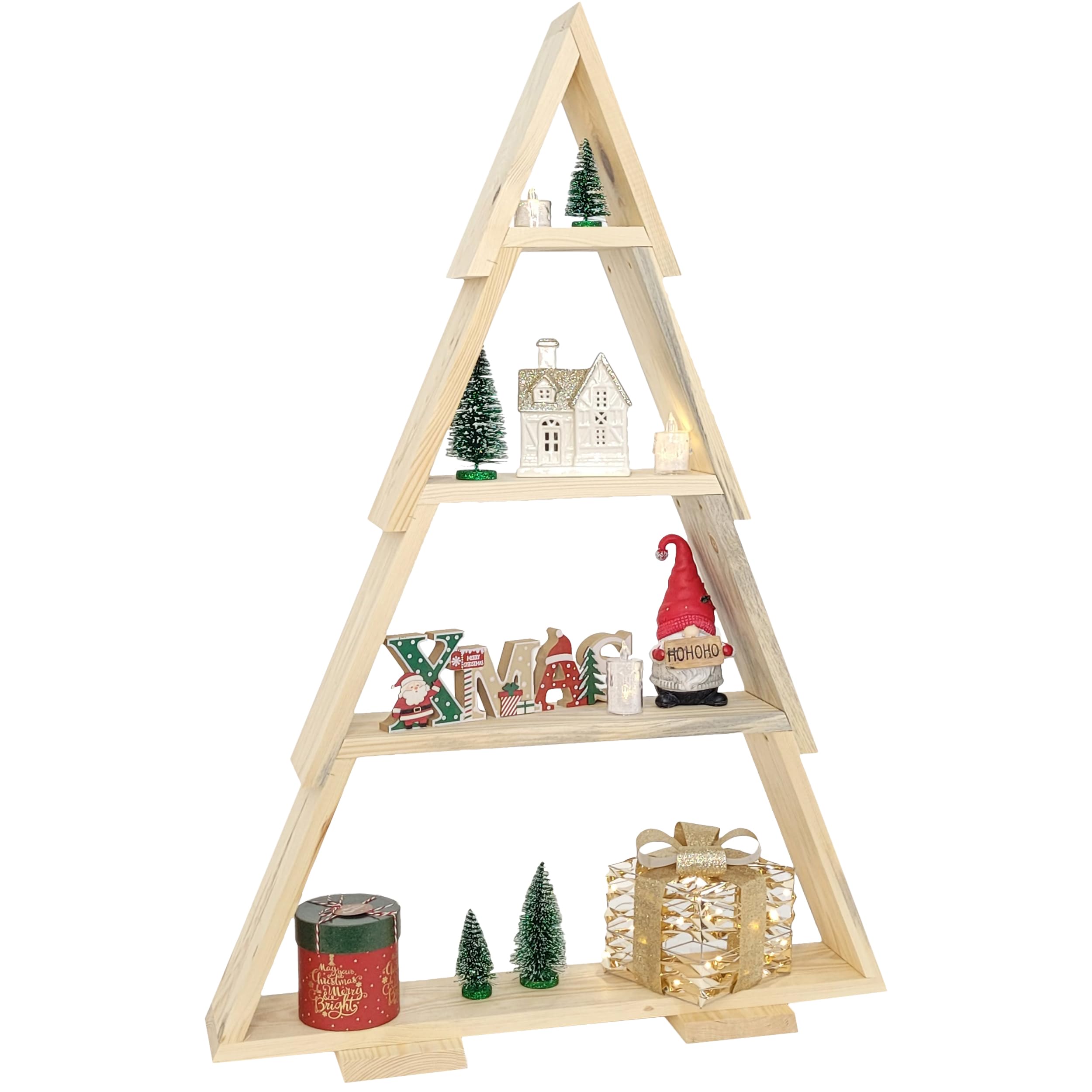 WEECO Arbre de Noël Décoration en bois avec 4 étagères pour décorations de Noël en forme d'arbre XLL 110x67, bois naturel peint dans toutes les couleurs - prêt à peindre. Arbre décoratif