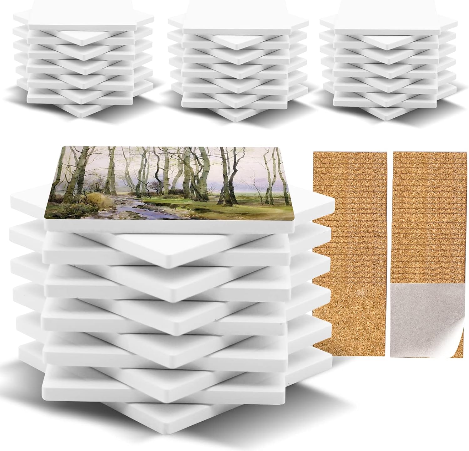 48 Pack Sublimation Blanks Coasters Bulk, 4 Inch Glossy White Glazed Ceramic Tiles Bulk with Cork Backing Pads, Heat Transfer Cup Mat for DIY Crafts Home Kitchen Decor (Square 48PCS)