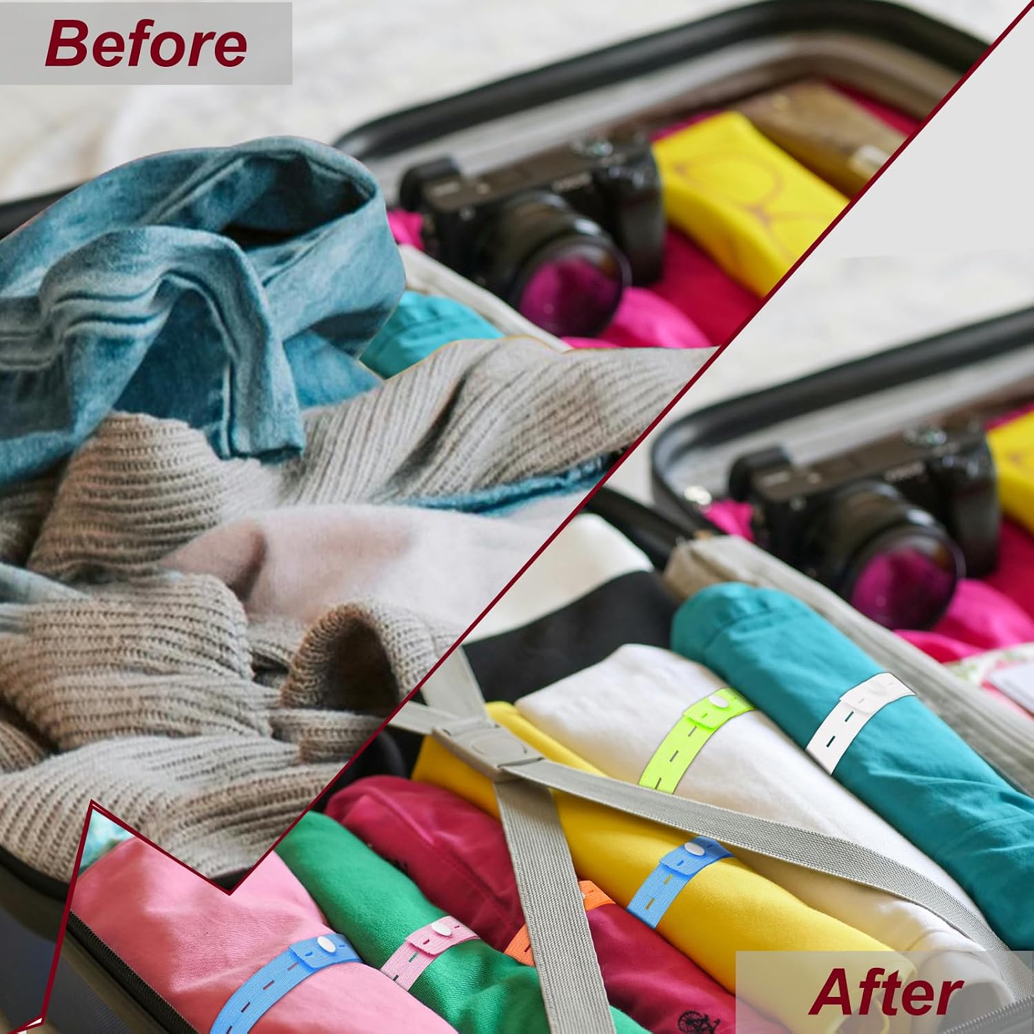 60Pcs Roll-up Clothes Storage Elastic Band, Adjustable Clothing Storage Binding Strap with Button and Buttonholes for Travel Luggage, Drawer, Closet, Mixed