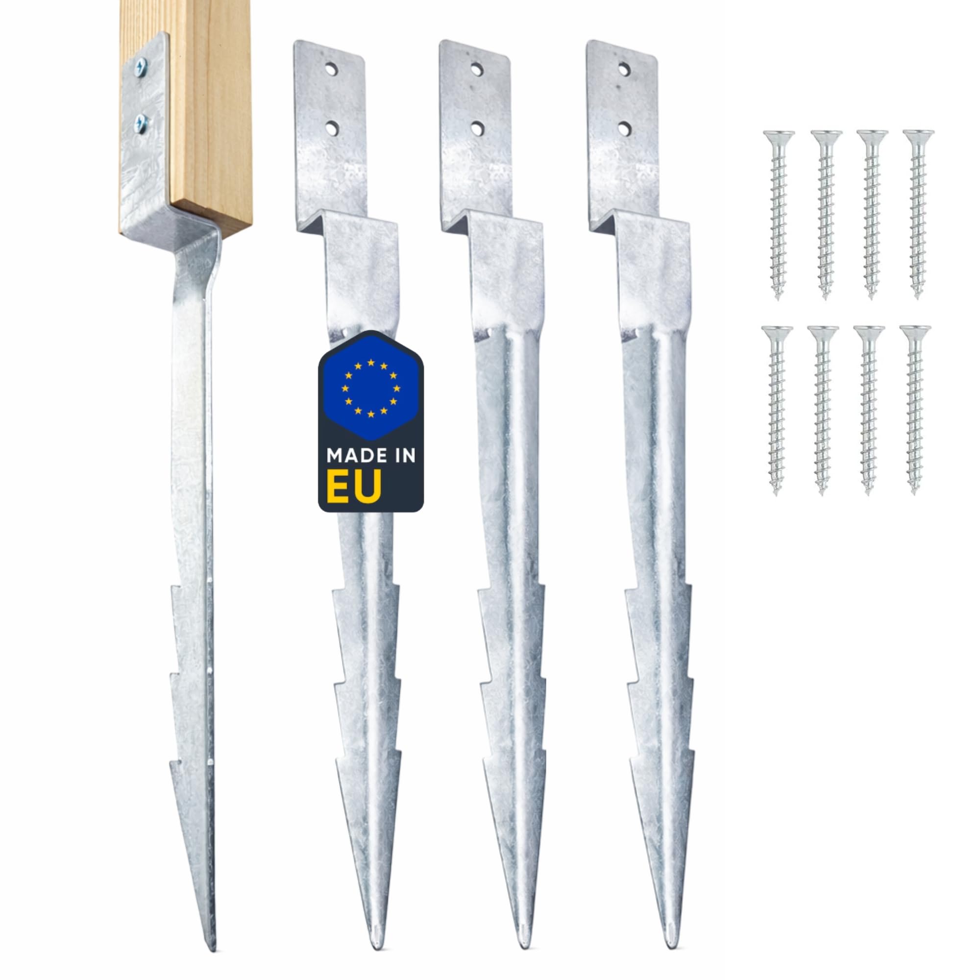 Clever Leon 4 Pack Swing Set Ground Anchors Heavy Duty Driven Ground Anchors for Swing Set and Wooden Playset, Galvanised Steel Playground Anchors with Screws, Made in EU, 43 cm