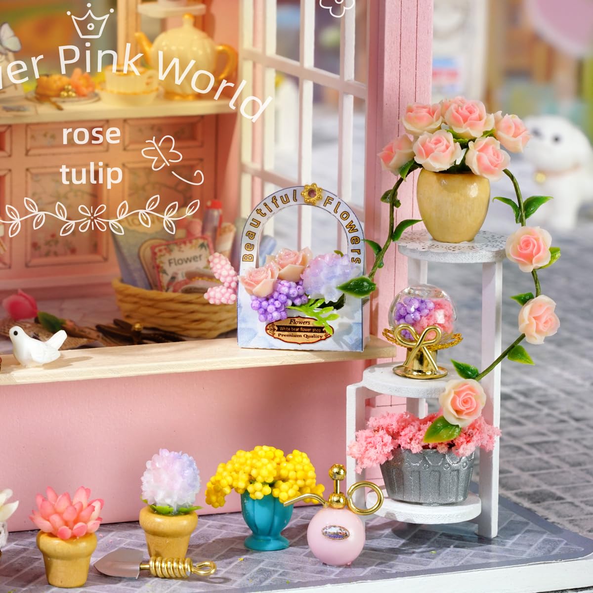 CUTEROOM DIY Zestaw do budowy domku dla lalek z drewna – Kreatywny miniaturowy zestaw domków dla lalek dla dorosłych – Flower Pink World Design