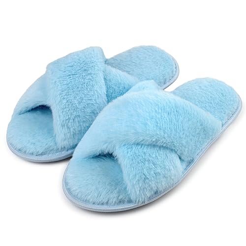 Slippers Women Fluffy Slipper Memory Foam Cross Band Furry Open