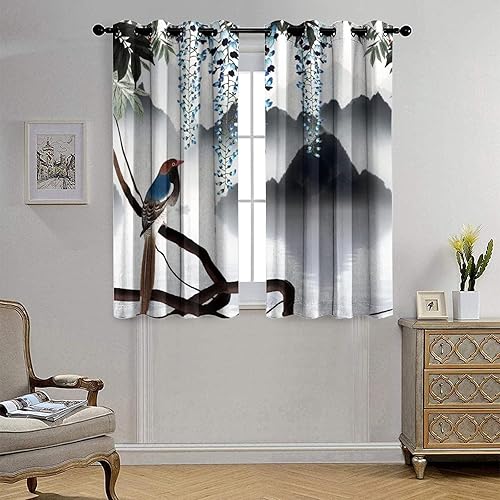 Miniatura 4 de Cortinas opacas para oscurecer la habitación con ojales, diseño de flores japonesas con ojales, arte retro de primavera y ramas florales, arte de