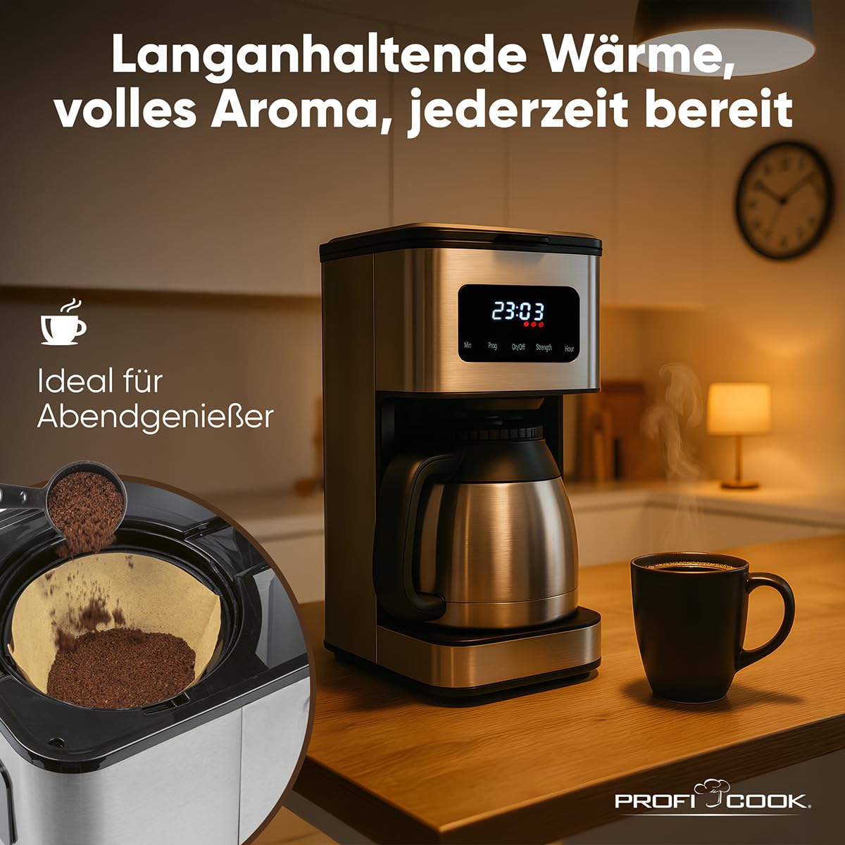 ProfiCook® Kaffeemaschine mit Thermoskanne | für bis zu 10 Tassen Kaffee | Aromawahl | Tropfstopp | mit Uhrzeit-Anzeige | Filterkaffeemaschine Edelstahlgehäuse | 900W | Kaffeemaschine | PC KA 1300