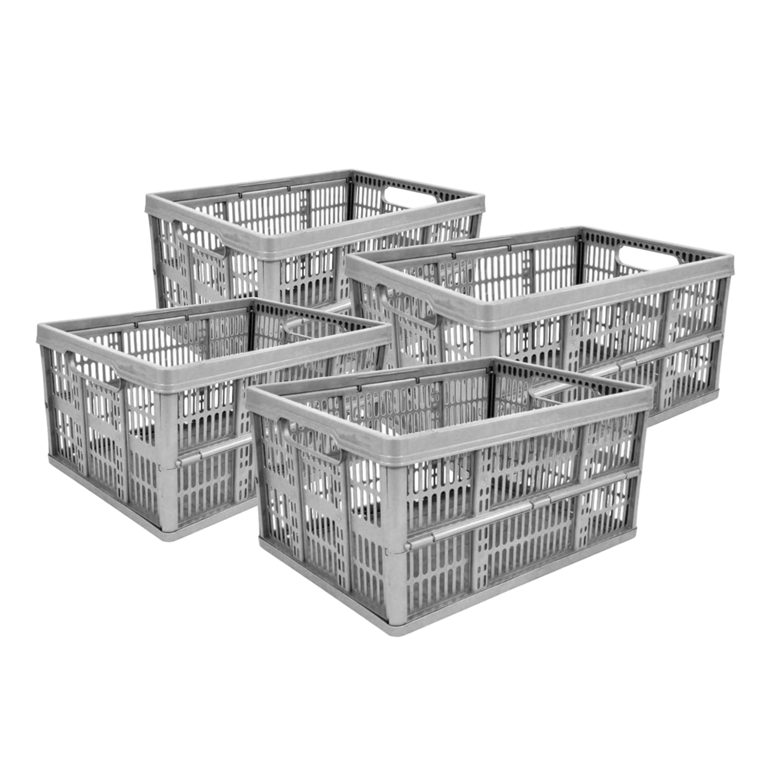 Neat. 32L Foldable Stackable Plastic Storage Crate Container – Collapsible & Portable Multi-Use Basket for Fruits, Vegetables & Books – Silver, Pack of 4 (47cm x 35cm x 23.5cm)