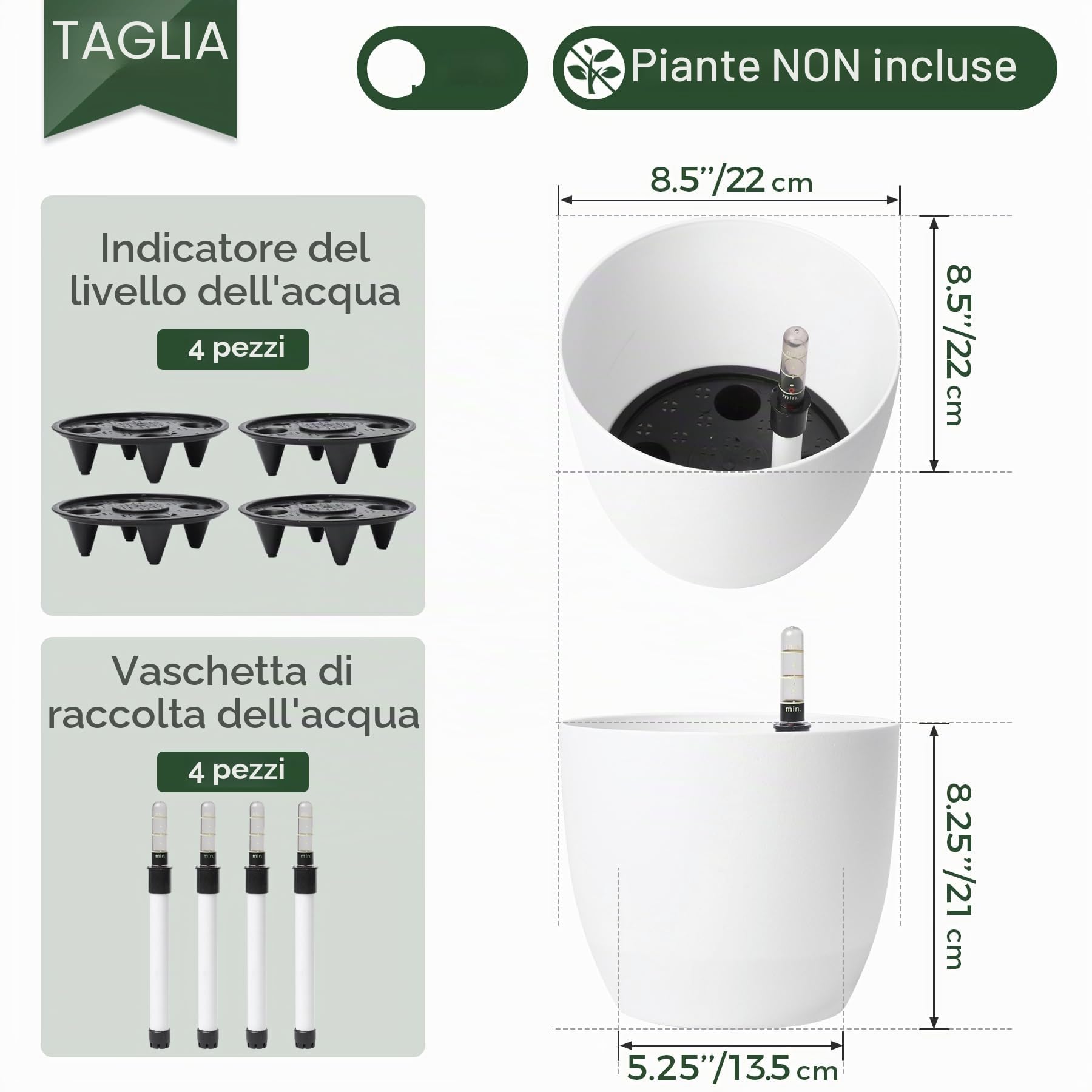 T4U Vaso per Piante da Interno, Vaso Autoirrigante 22 cm Set da 4 Bianco | Vaso con serbatoio acqua, Vaso con indicatore livello acqua, Piante verdi, erbe aromatiche, casa, balcone