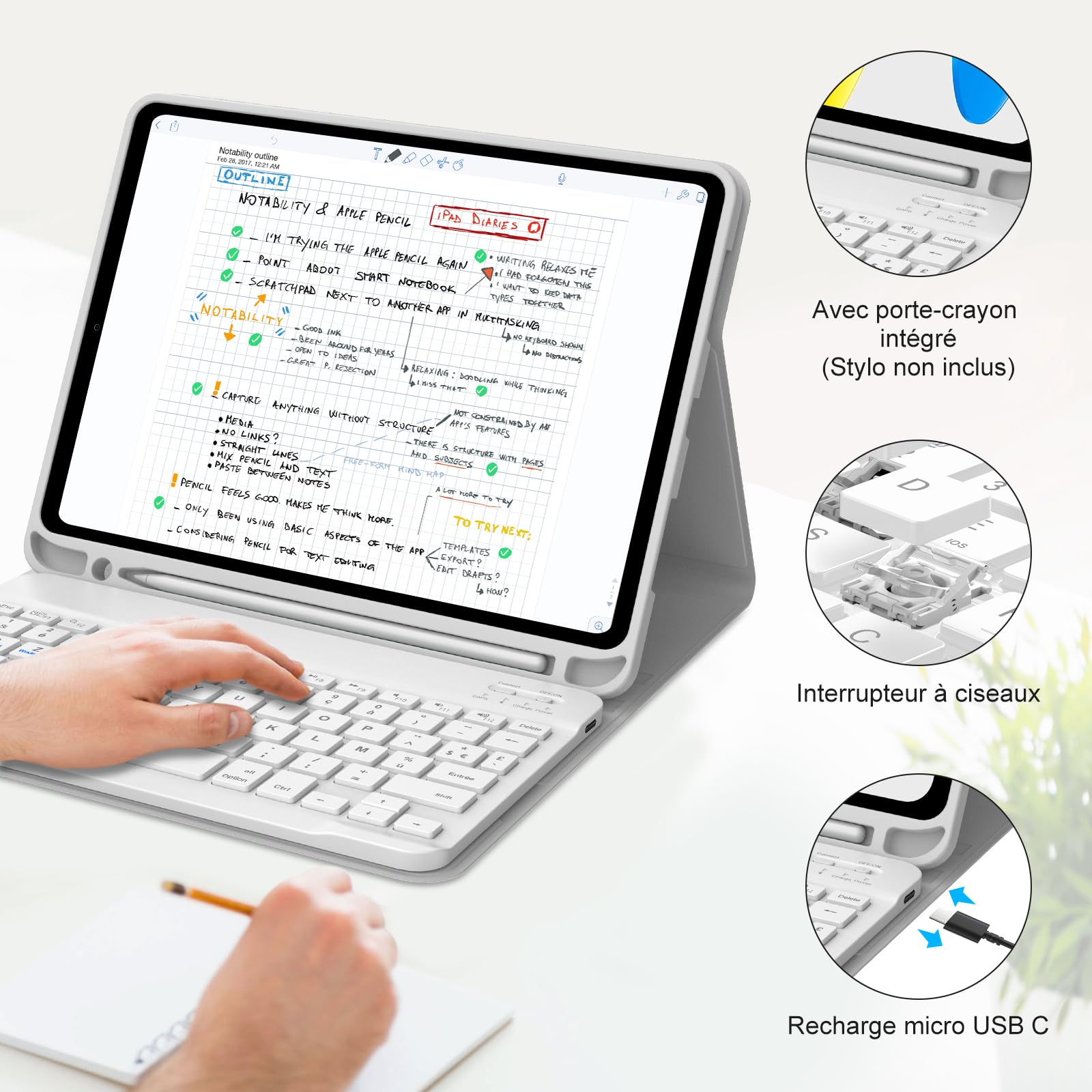 Clavier pour iPad A16 11eme Generation 2025/10eme Generation 10.9" 2022, Coque iPad A16 AZERTY Français Clavier Bluetooth Détachable avec Porte Crayon pour iPad A16 11/10 Génération, Gris Clair